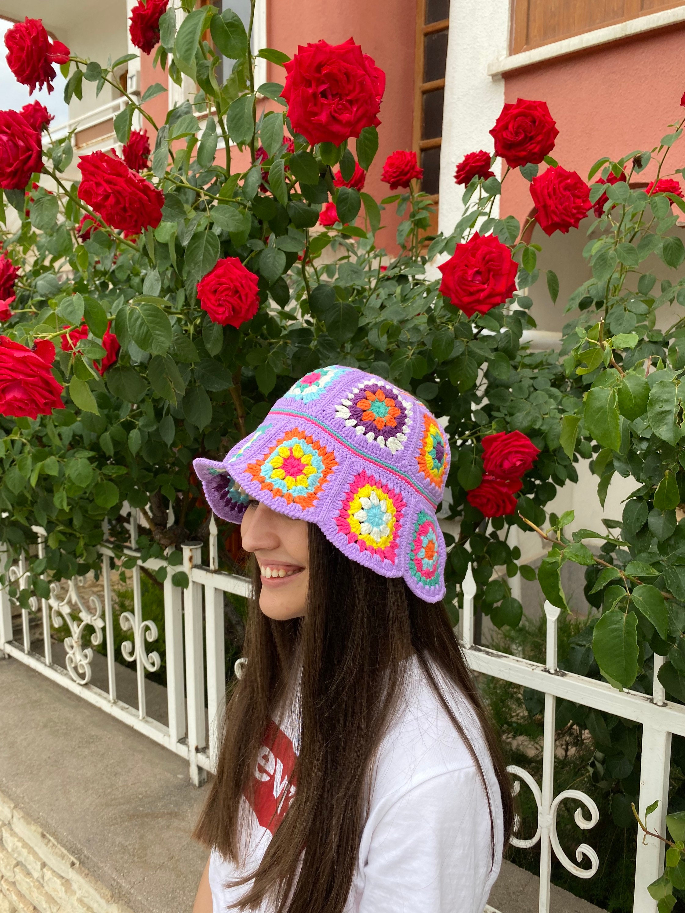 Granny Square Lilac Hat, Colorful Bucket Hat, Rainbow Crochet Hat, Crochet Hat, Festival Hat, Bucket Hat, Crochet Sun Hat, Summer Sun Hat