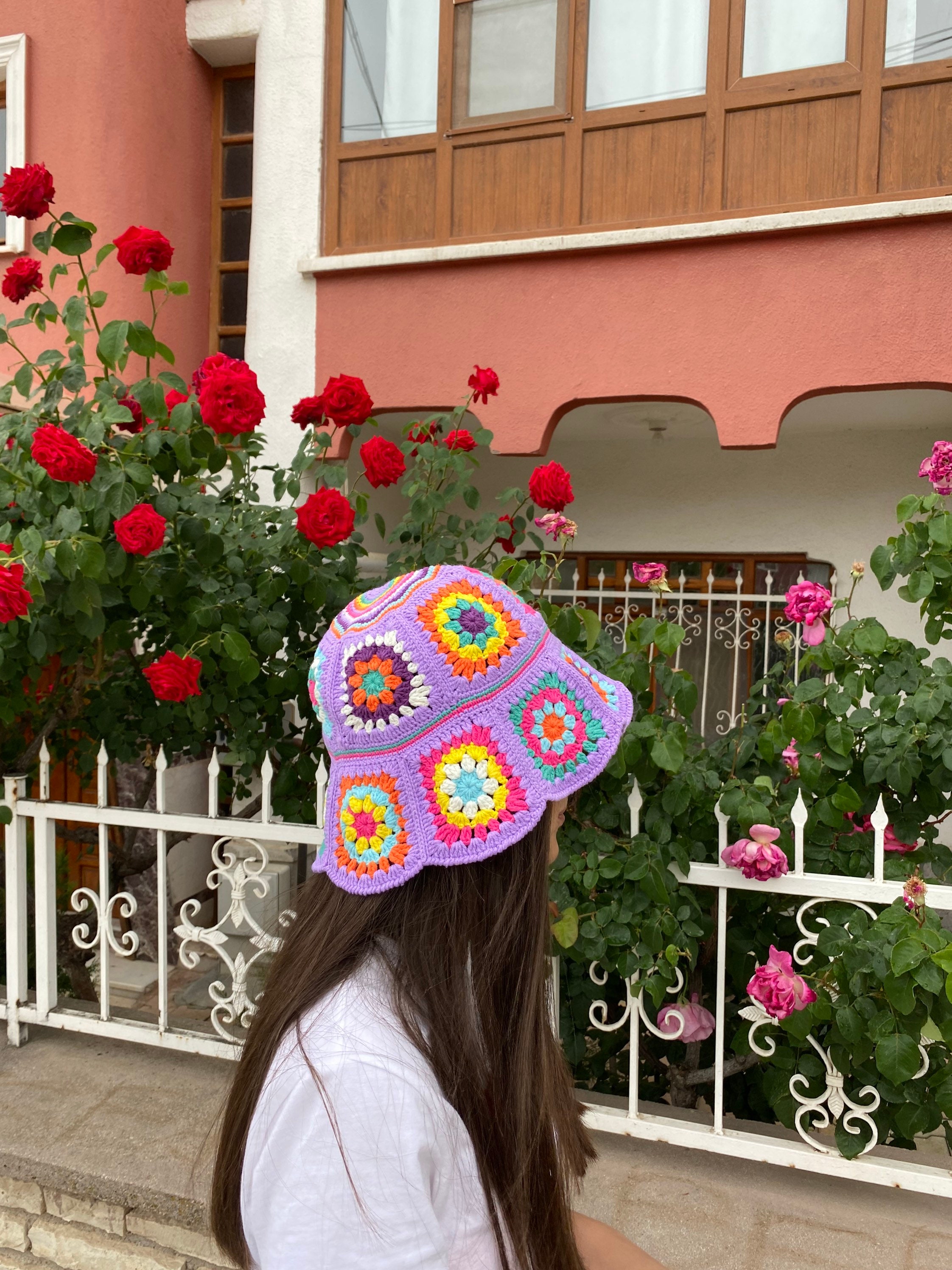 Granny Square Lilac Hat, Colorful Bucket Hat, Rainbow Crochet Hat, Crochet Hat, Festival Hat, Buc... — photo 4 of 10