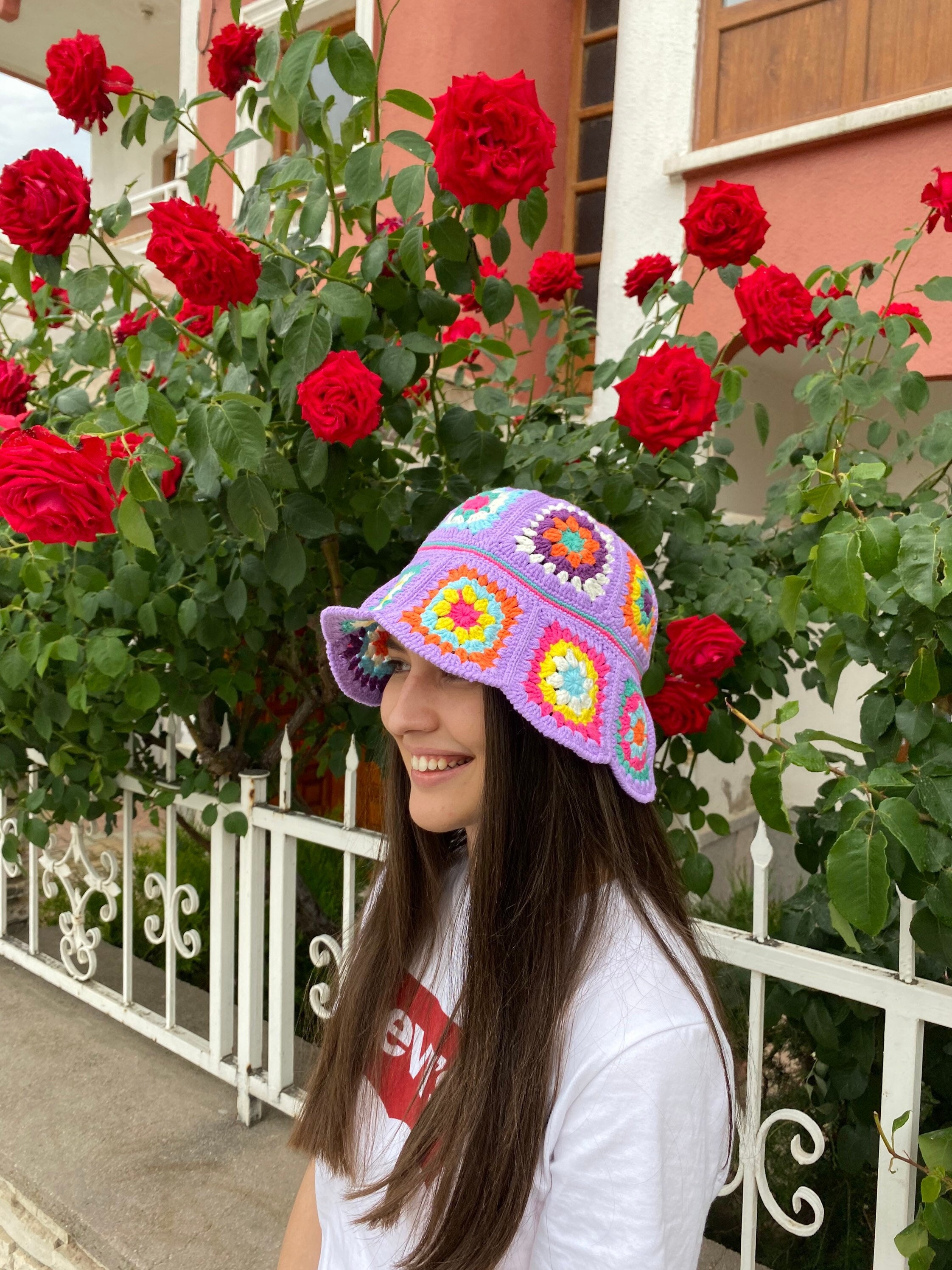 Granny Square Lilac Hat, Colorful Bucket Hat, Rainbow Crochet Hat, Crochet Hat, Festival Hat, Buc... — photo 2 of 10