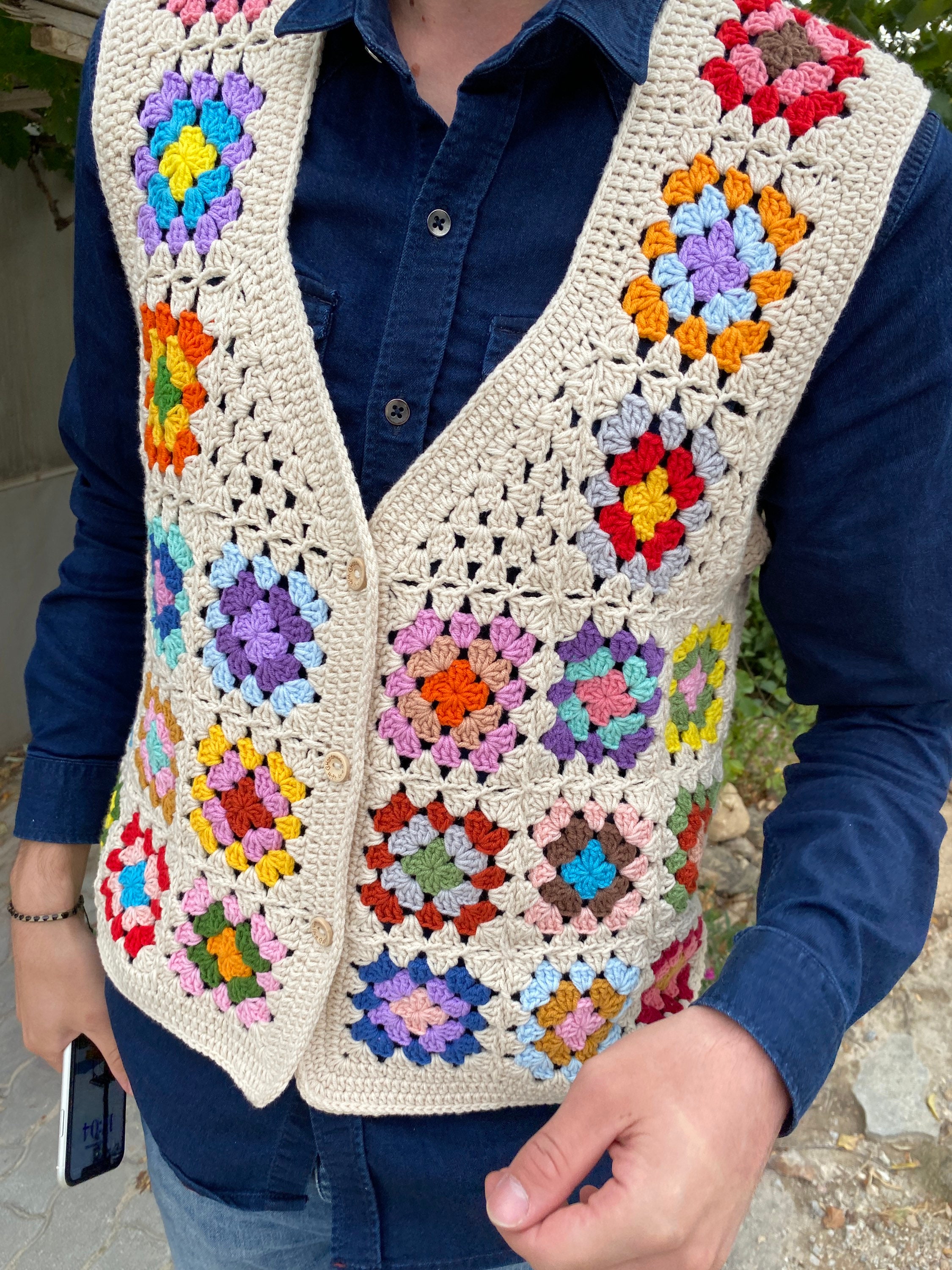 Granny Square Men Vest, Crochet Unisex Vest, Granny Square Sweater, Cotton Boho Style Vest, Men's and Women's Sweater, Afghan Handmade Vest