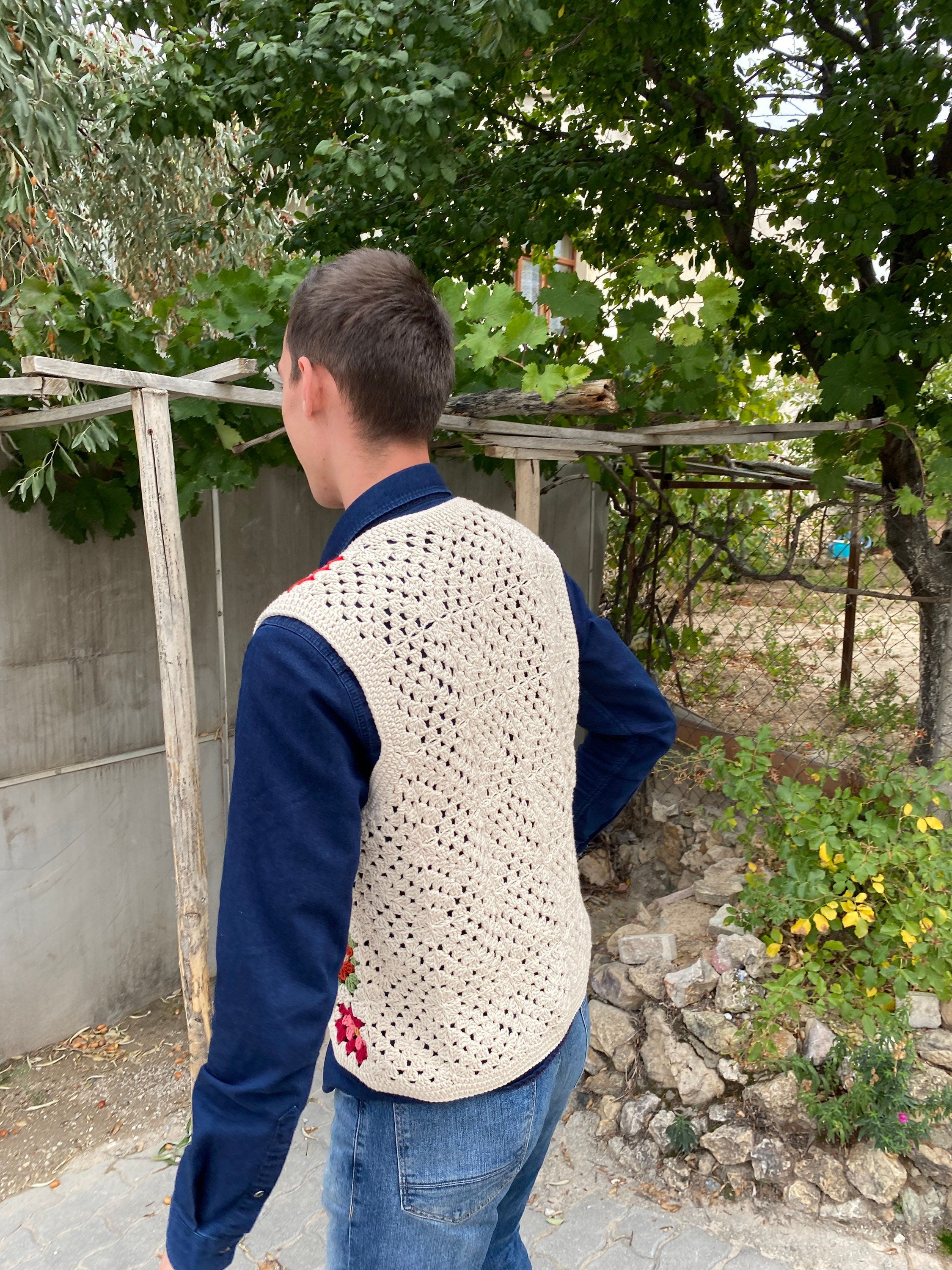 Granny Square Men Vest, Crochet Unisex Vest, Granny Square Sweater, Cotton Boho Style Vest, Men's... — photo 6 of 10