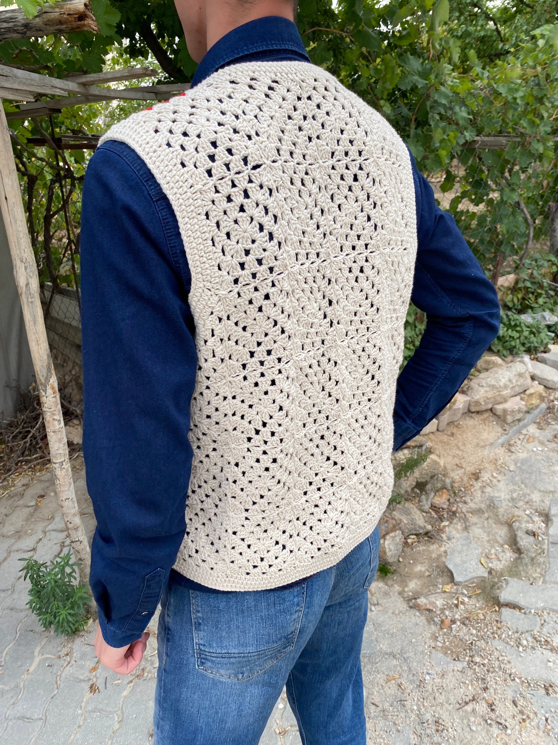 Granny Square Men Vest, Crochet Unisex Vest, Granny Square Sweater, Cotton Boho Style Vest, Men's... — photo 7 of 10