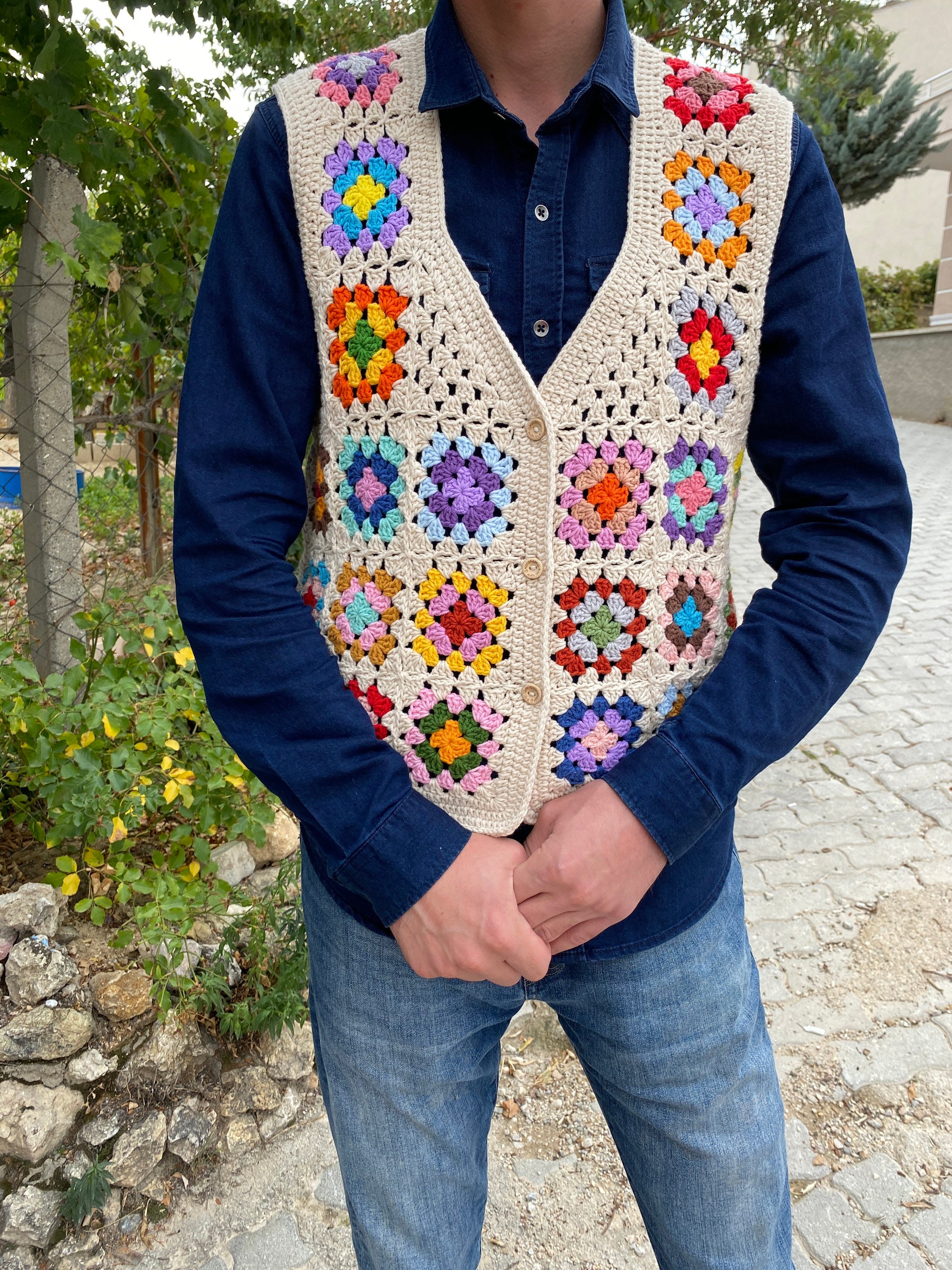 Granny Square Men Vest, Crochet Unisex Vest, Granny Square Sweater, Cotton Boho Style Vest, Men's... — photo 4 of 10