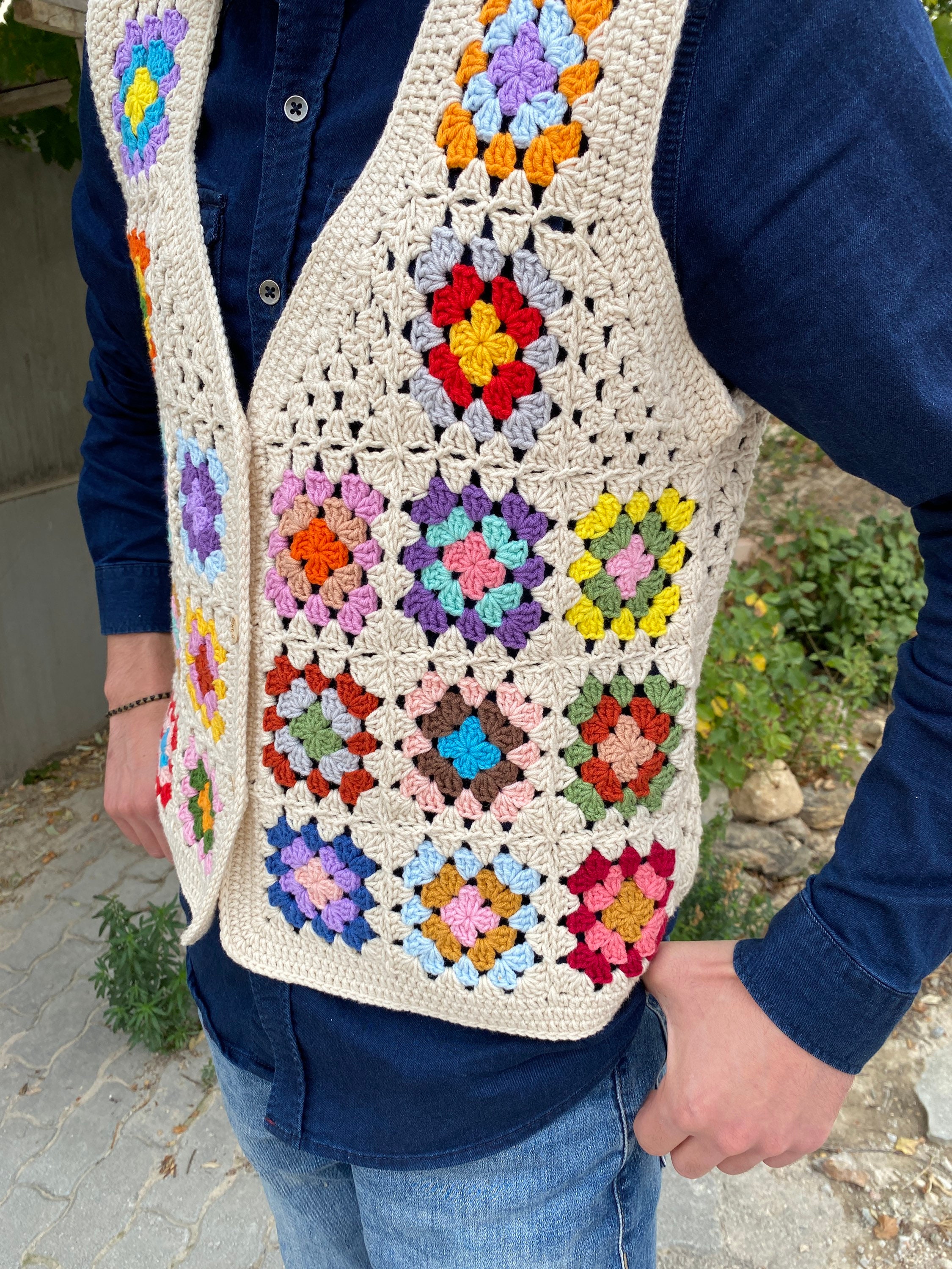 Granny Square Men Vest, Crochet Unisex Vest, Granny Square Sweater, Cotton Boho Style Vest, Men's... — photo 3 of 10