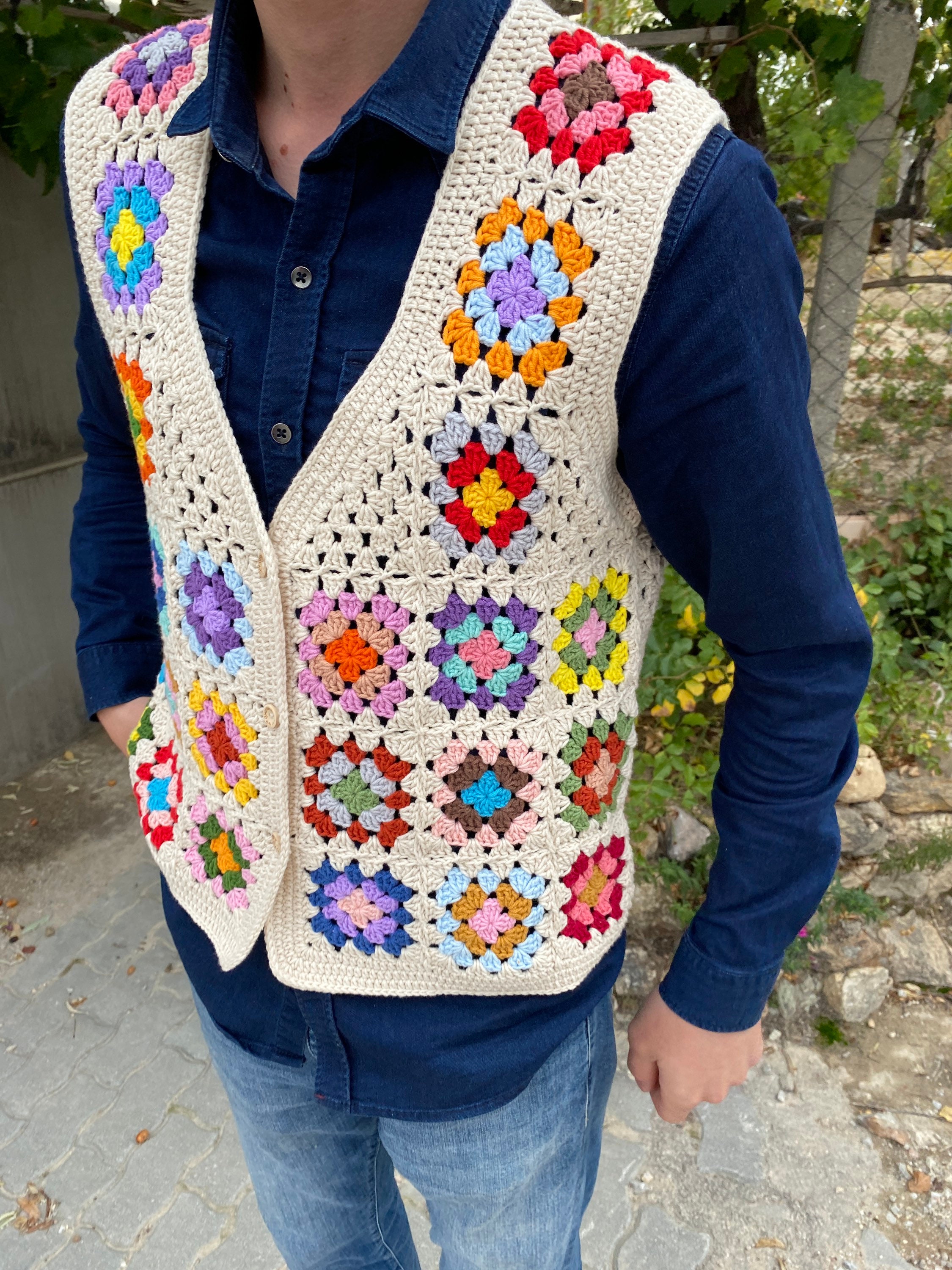 Granny Square Men Vest, Crochet Unisex Vest, Granny Square Sweater, Cotton Boho Style Vest, Men's... — photo 2 of 10