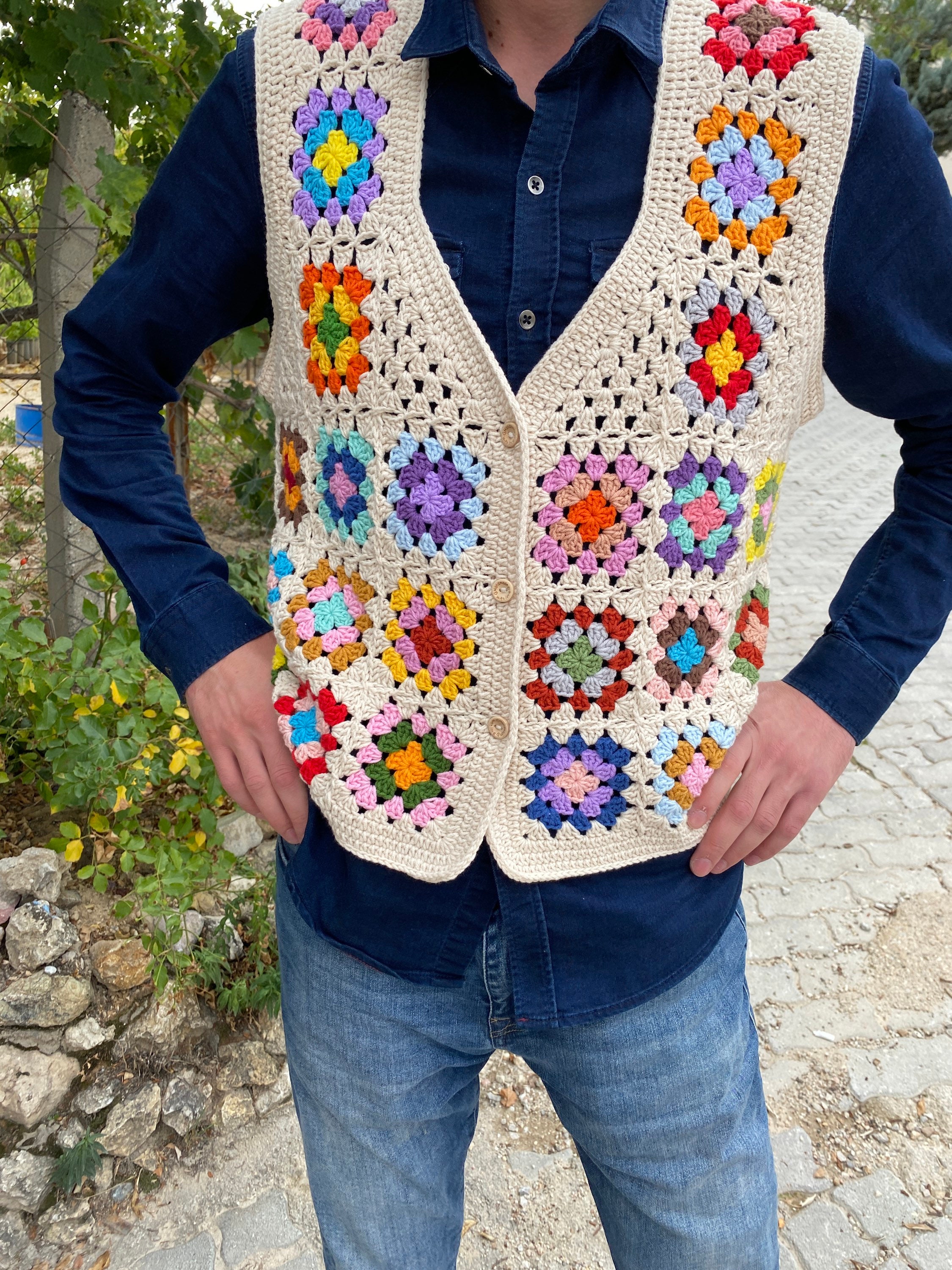 Granny Square Men Vest, Crochet Unisex Vest, Granny Square Sweater, Cotton Boho Style Vest, Men's... — photo 5 of 10