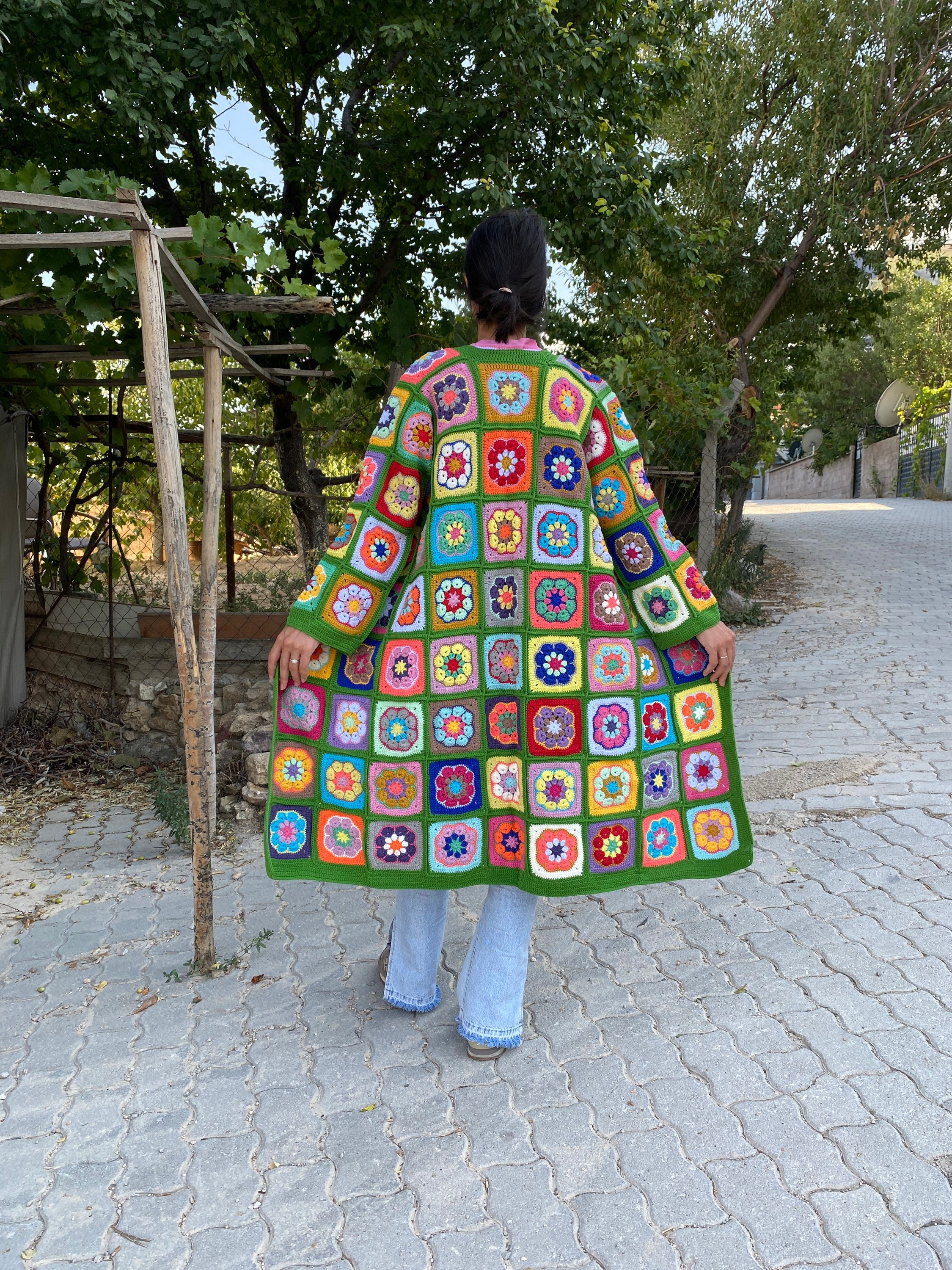 Granny Square Patchwork Cardigan, Long Granny Square Cardigan, Afghan Cotton Coat, Boho Jacket, G... — photo 6 of 10