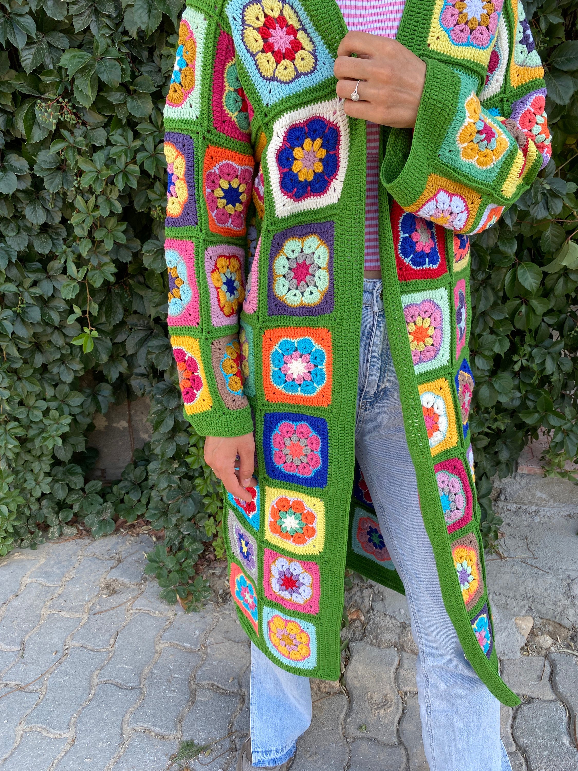 Granny Square Patchwork Cardigan, Long Granny Square Cardigan, Afghan Cotton Coat, Boho Jacket, Granny Square Sweater, Hippie Crochet Coat