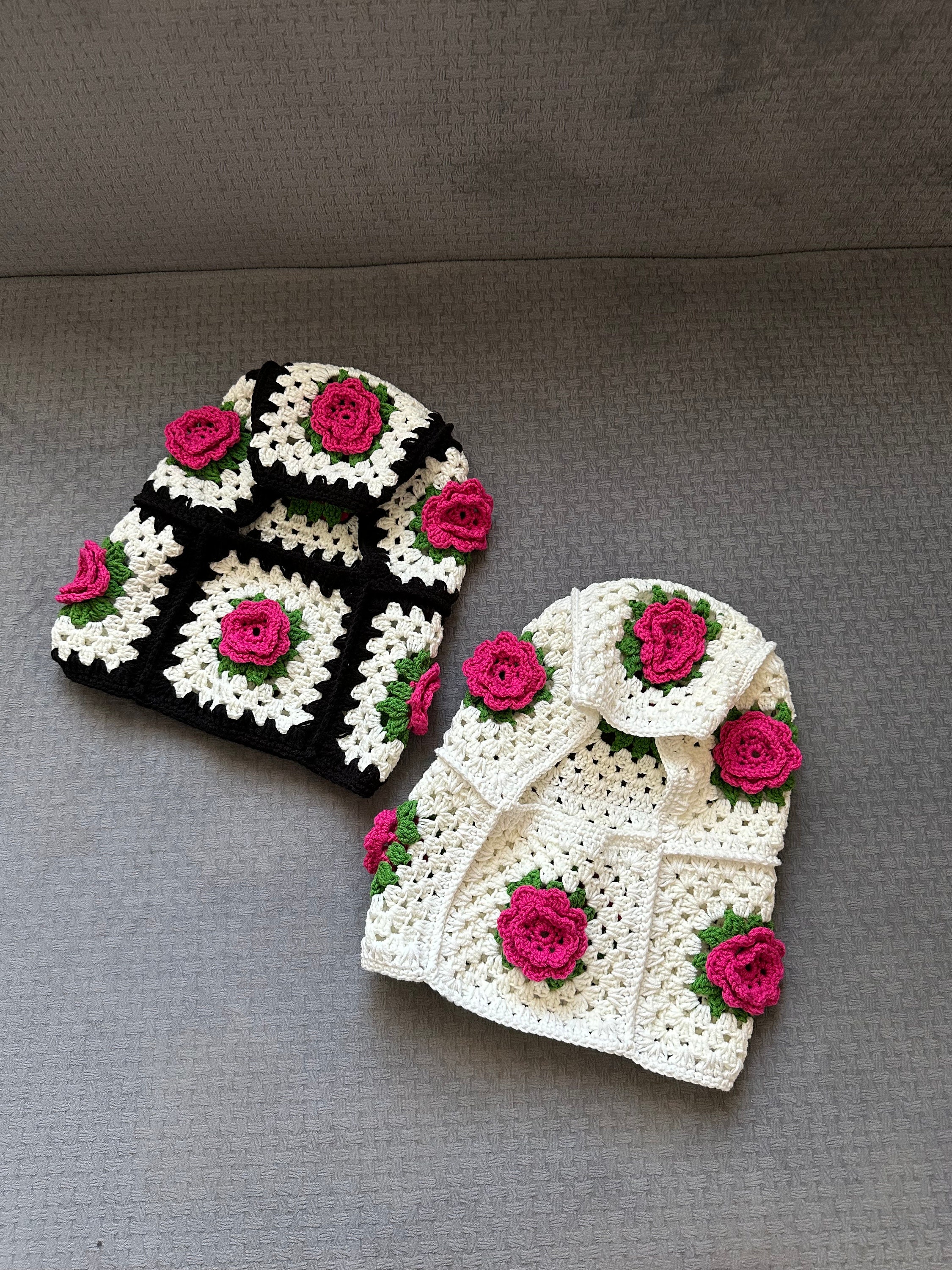 Granny Square Pink Rose Balaclava, Black and White Floral Balaclava, Knitted Balaclava, Crochet B... — photo 7 of 10
