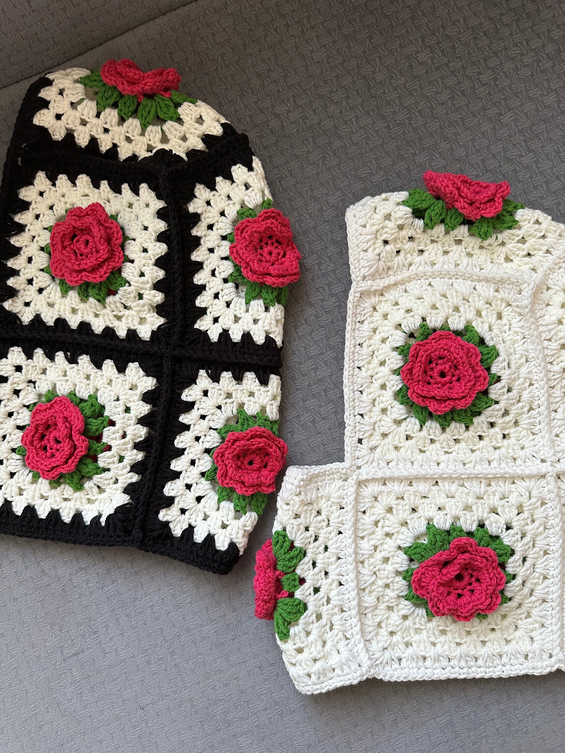 Granny Square Pink Rose Balaclava, Black and White Floral Balaclava, Knitted Balaclava, Crochet B... — photo 3 of 10