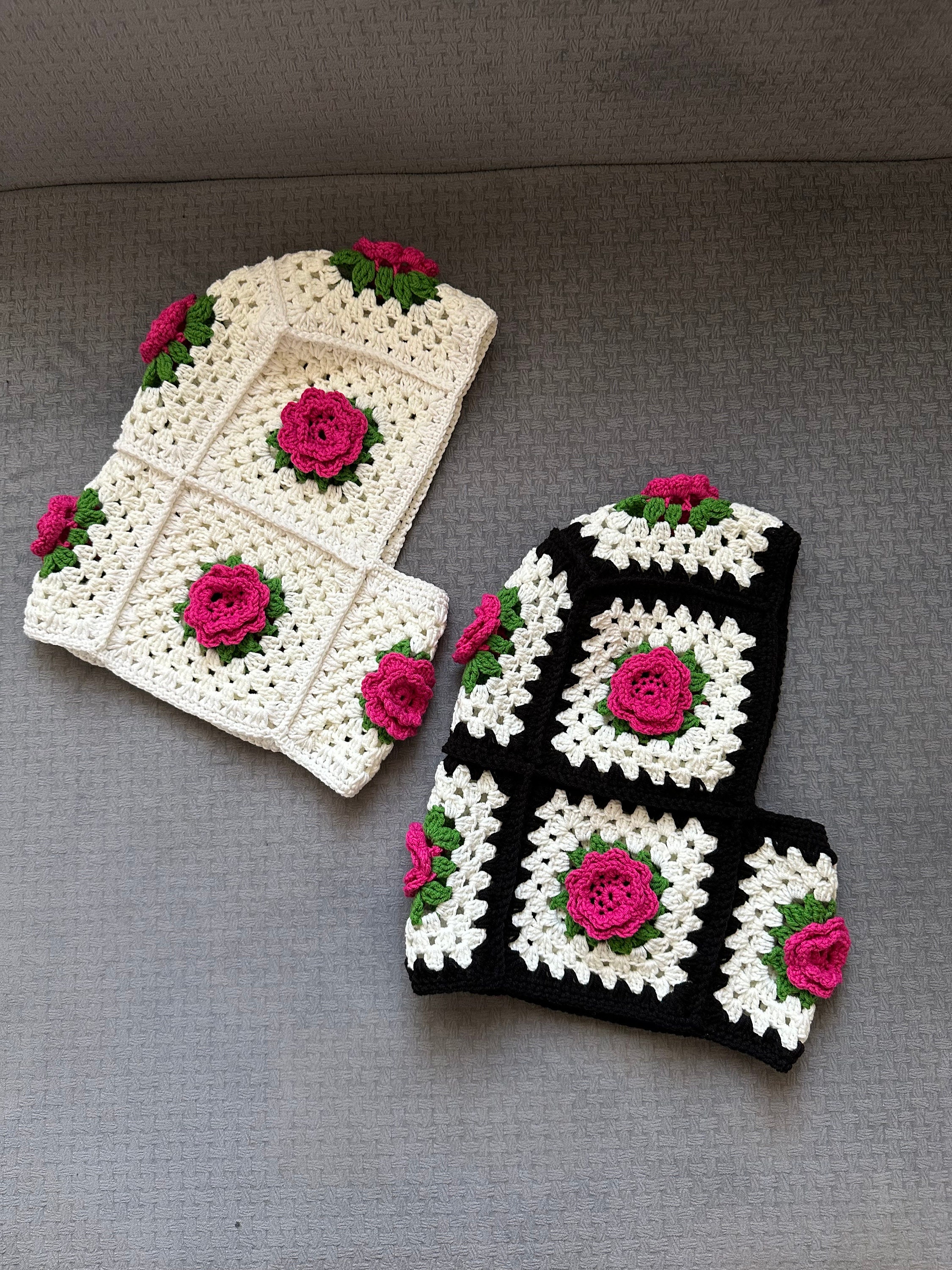 Granny Square Pink Rose Balaclava, Black and White Floral Balaclava, Knitted Balaclava, Crochet B... — photo 5 of 10