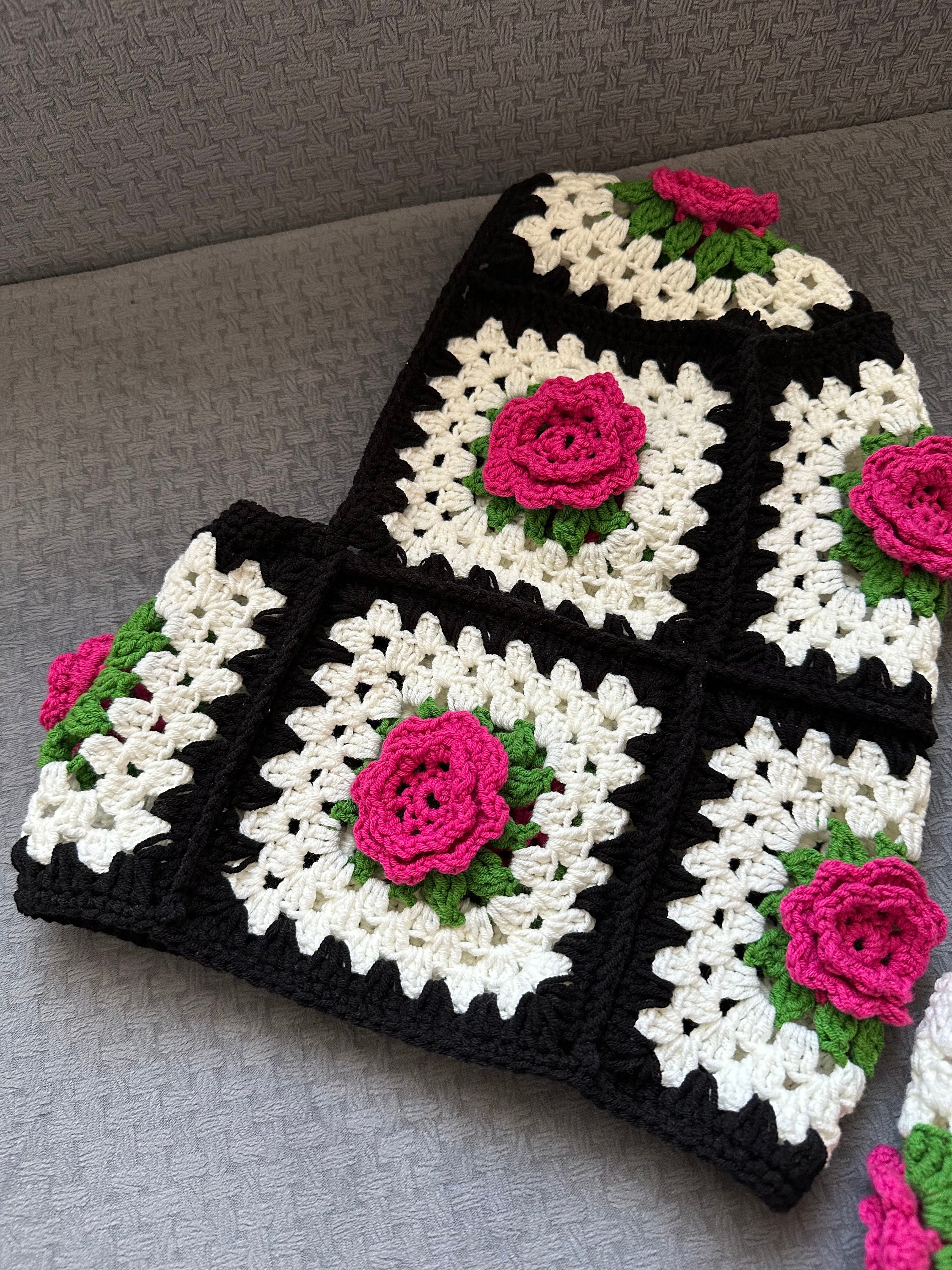 Granny Square Pink Rose Balaclava, Black and White Floral Balaclava, Knitted Balaclava, Crochet B... — photo 2 of 10