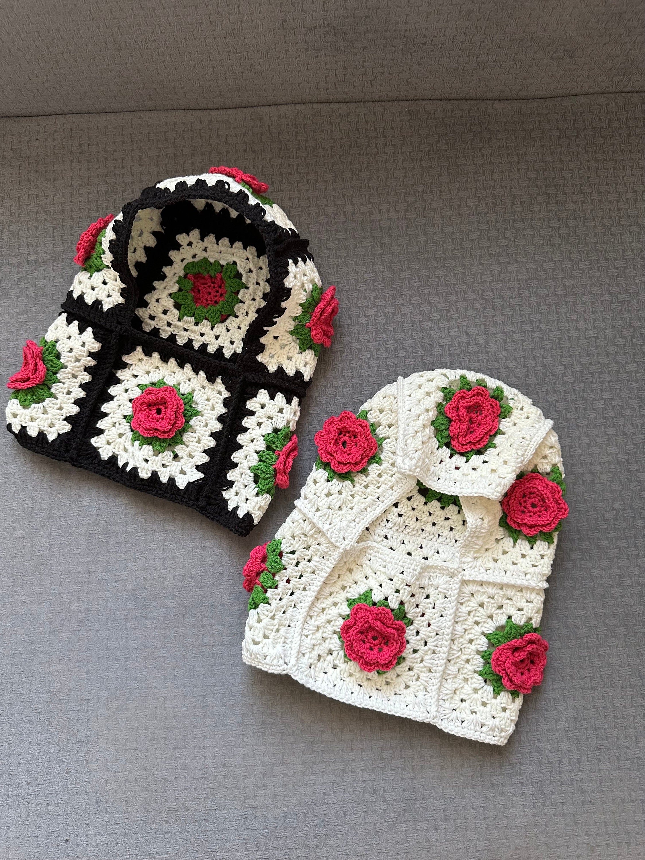 Granny Square Pink Rose Balaclava, Black and White Floral Balaclava, Knitted Balaclava, Crochet B... — photo 6 of 10