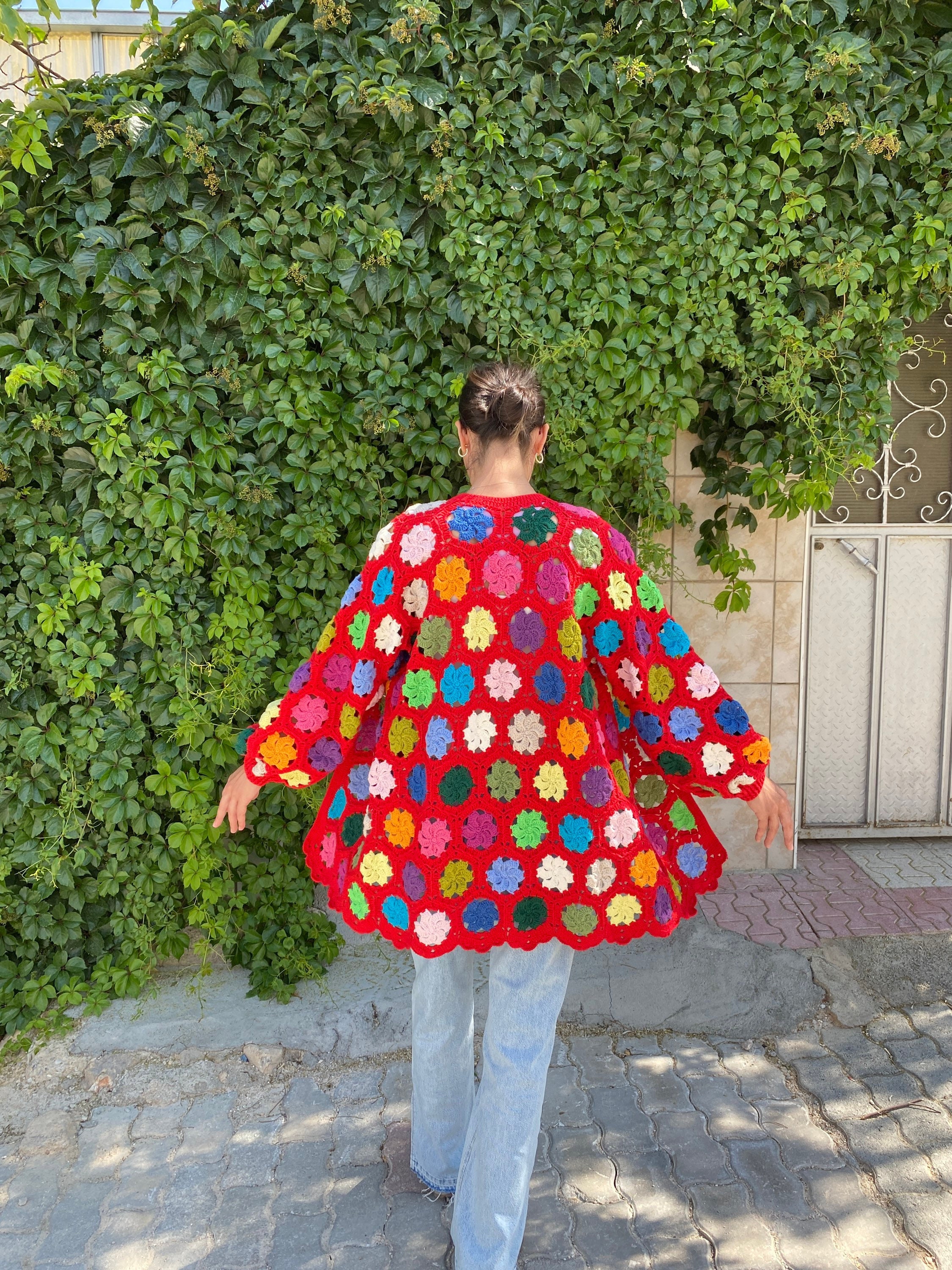 Granny Square Red Cardigan, Afghan Crochet Cardigan, Boho Jacket, Granny Square Sweater, Granny S... — photo 7 of 10