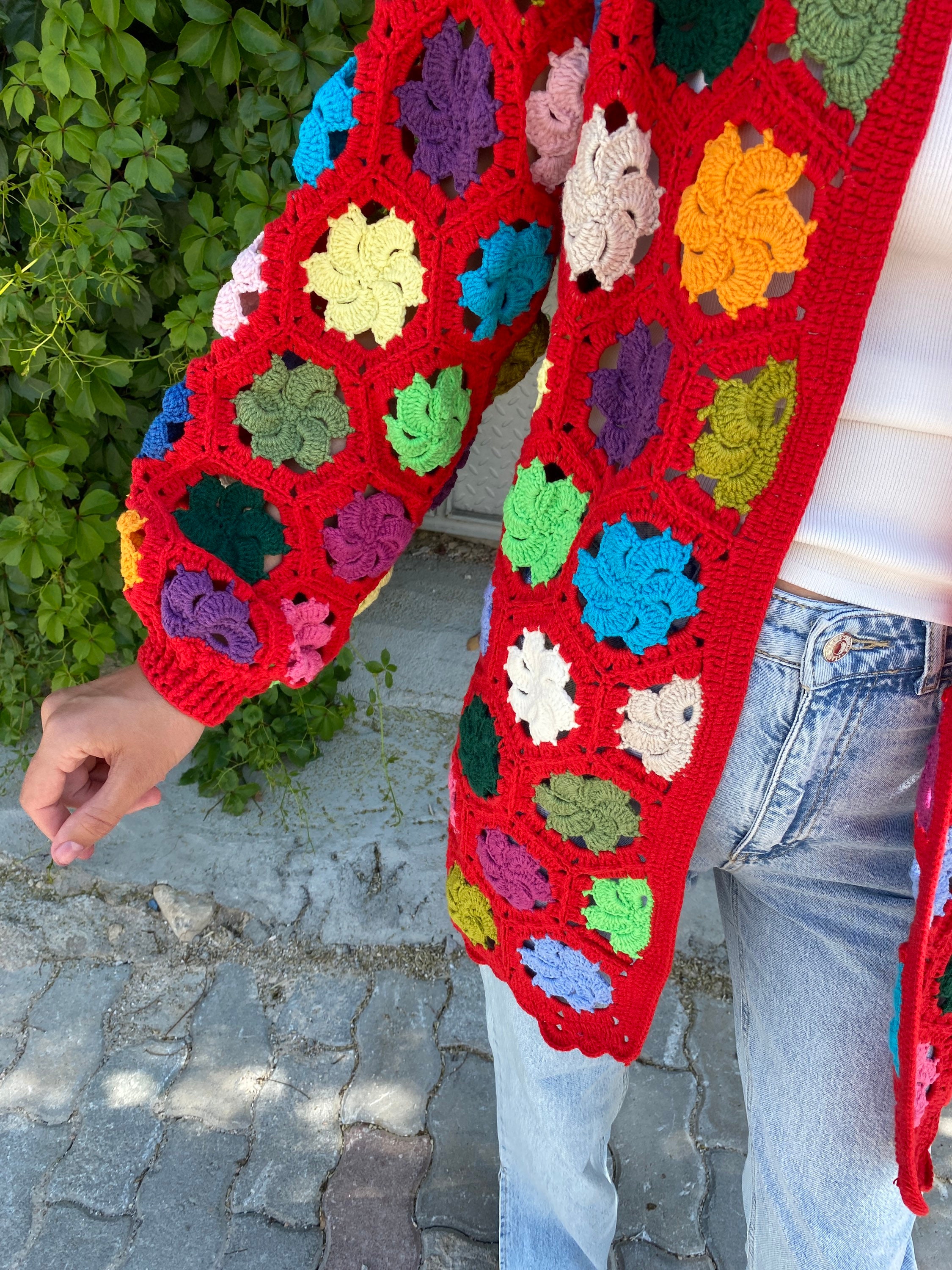 Granny Square Red Cardigan, Afghan Crochet Cardigan, Boho Jacket, Granny Square Sweater, Granny S... — photo 3 of 10