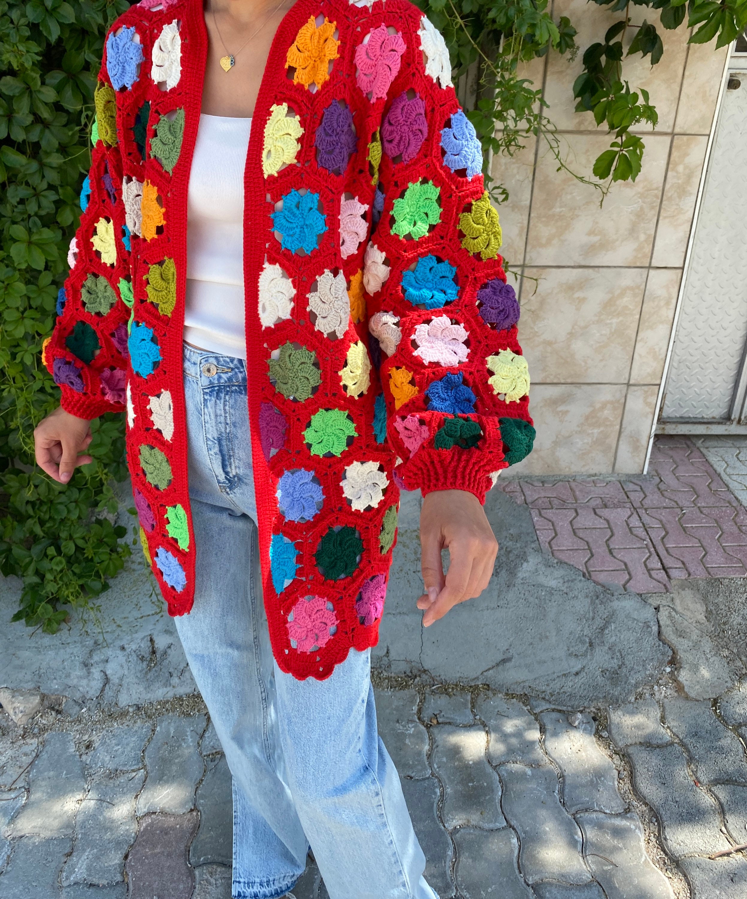 Granny Square Red Cardigan, Afghan Crochet Cardigan, Boho Jacket, Granny Square Sweater, Granny S... — photo 2 of 10
