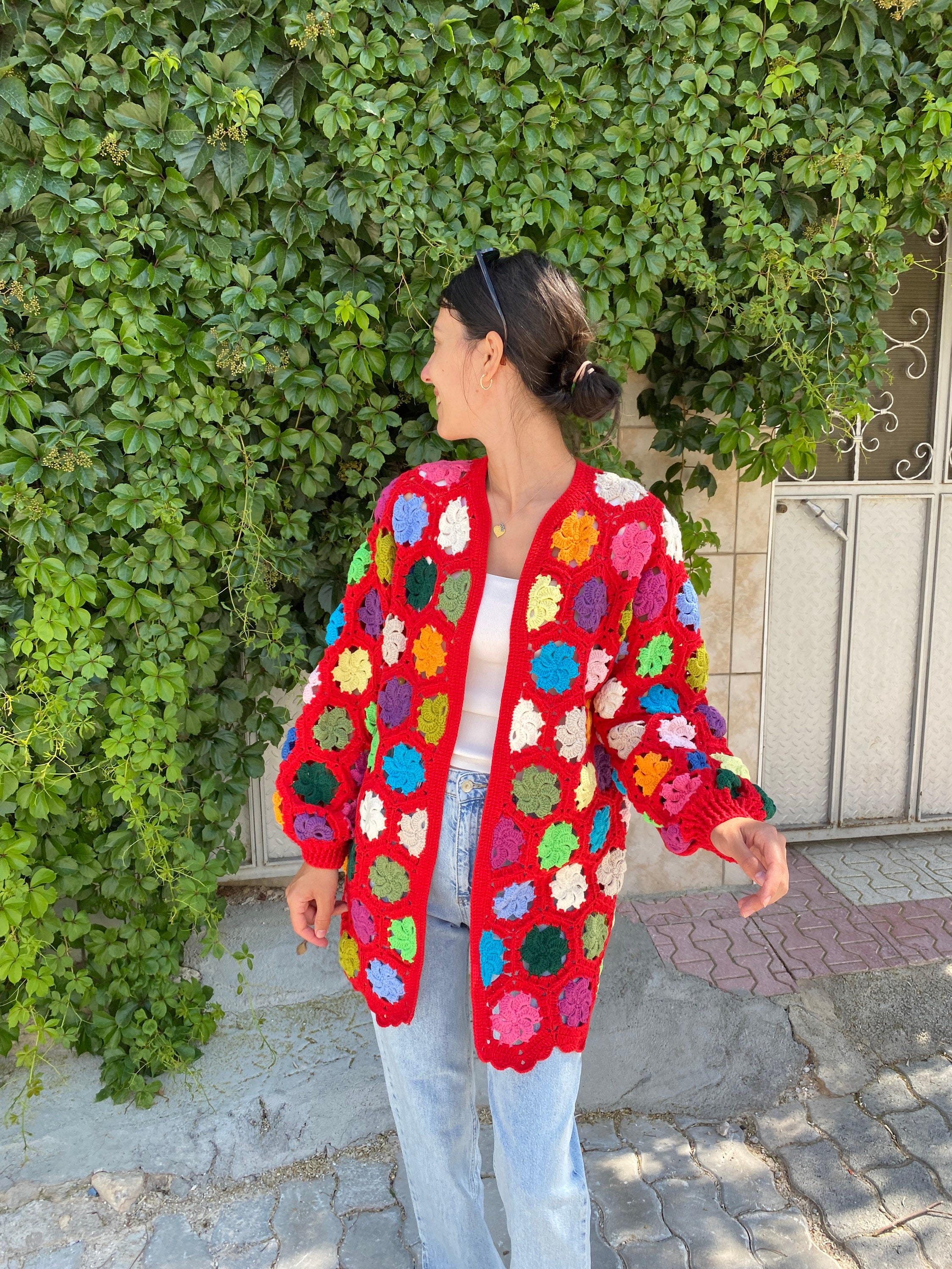 Granny Square Red Cardigan, Afghan Crochet Cardigan, Boho Jacket, Granny Square Sweater, Granny S... — photo 5 of 10