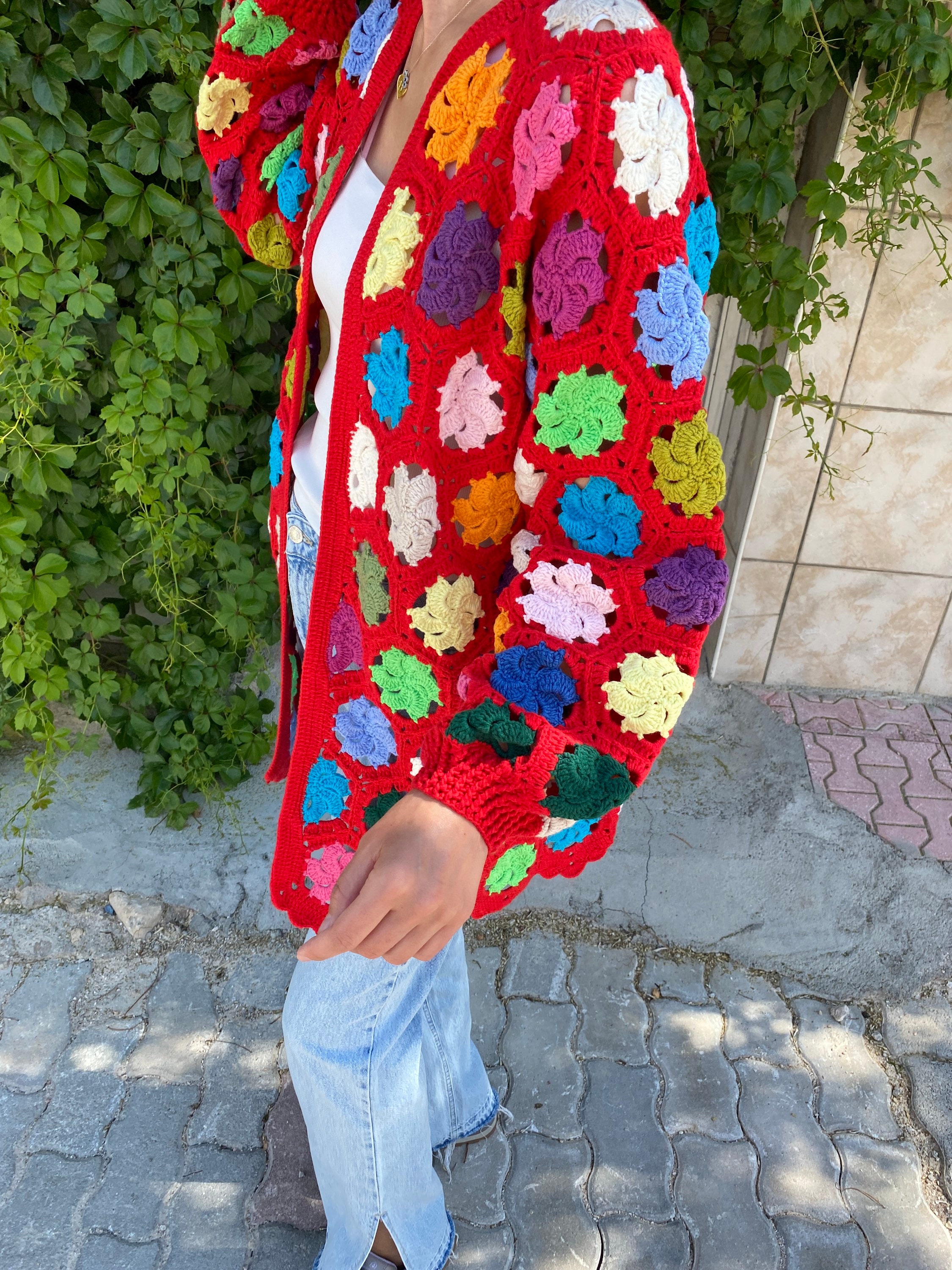 Granny Square Red Cardigan, Afghan Crochet Cardigan, Boho Jacket, Granny Square Sweater, Granny Square Jacket, Cotton Cardigan, Hippie Coat