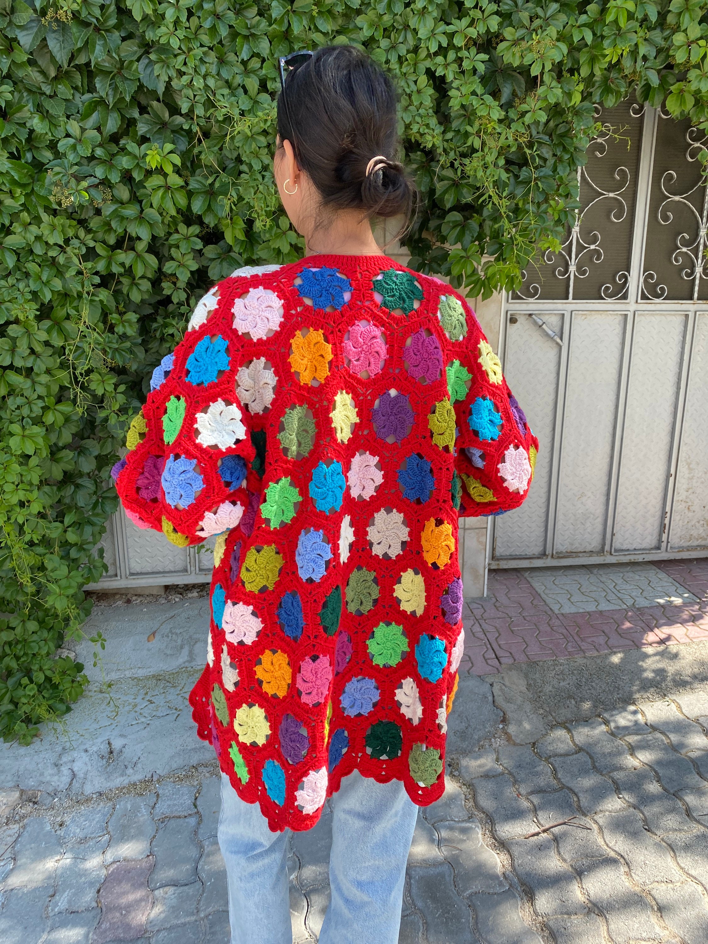 Granny Square Red Cardigan, Afghan Crochet Cardigan, Boho Jacket, Granny Square Sweater, Granny S... — photo 4 of 10