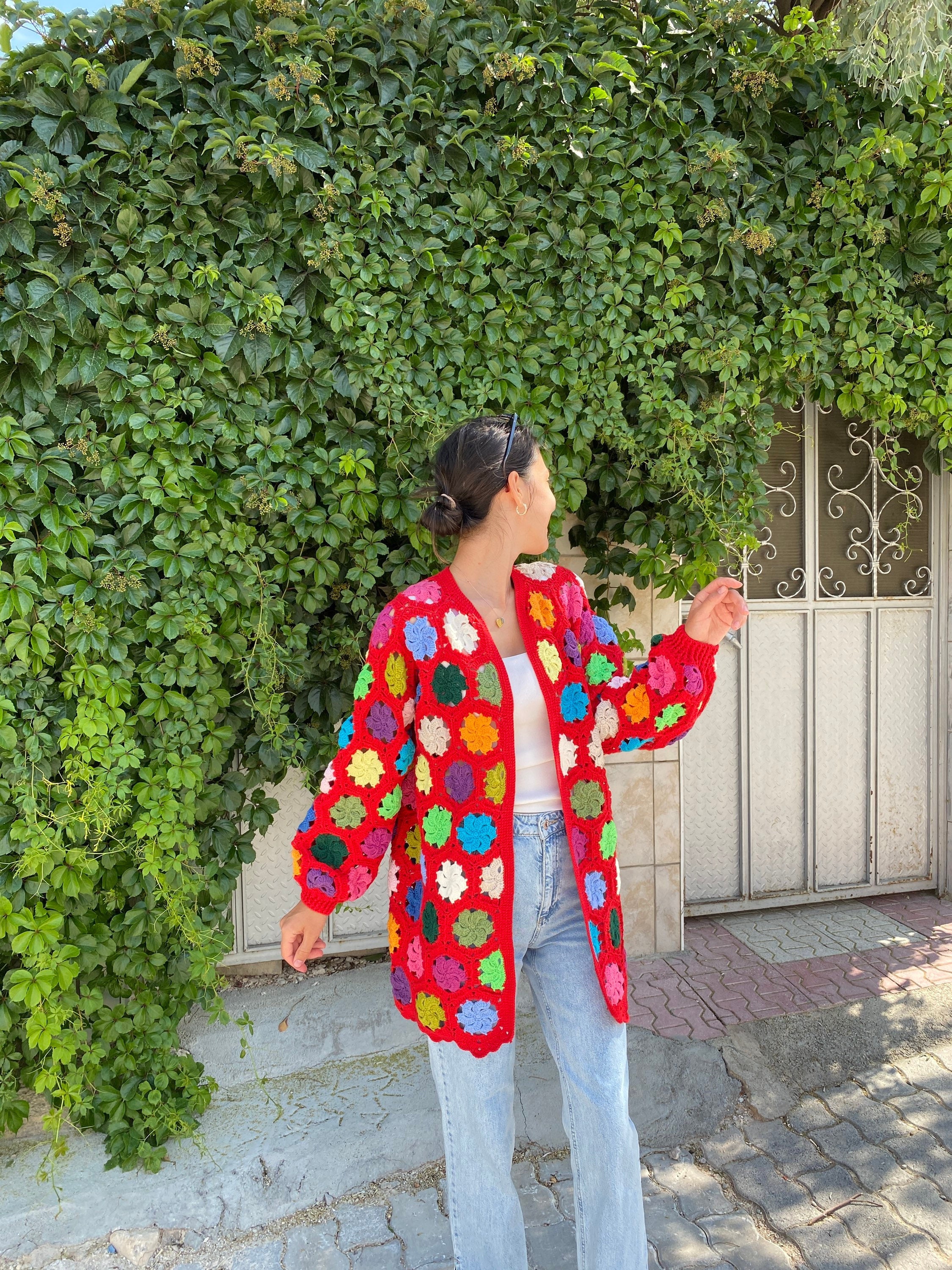 Granny Square Red Cardigan, Afghan Crochet Cardigan, Boho Jacket, Granny Square Sweater, Granny S... — photo 6 of 10