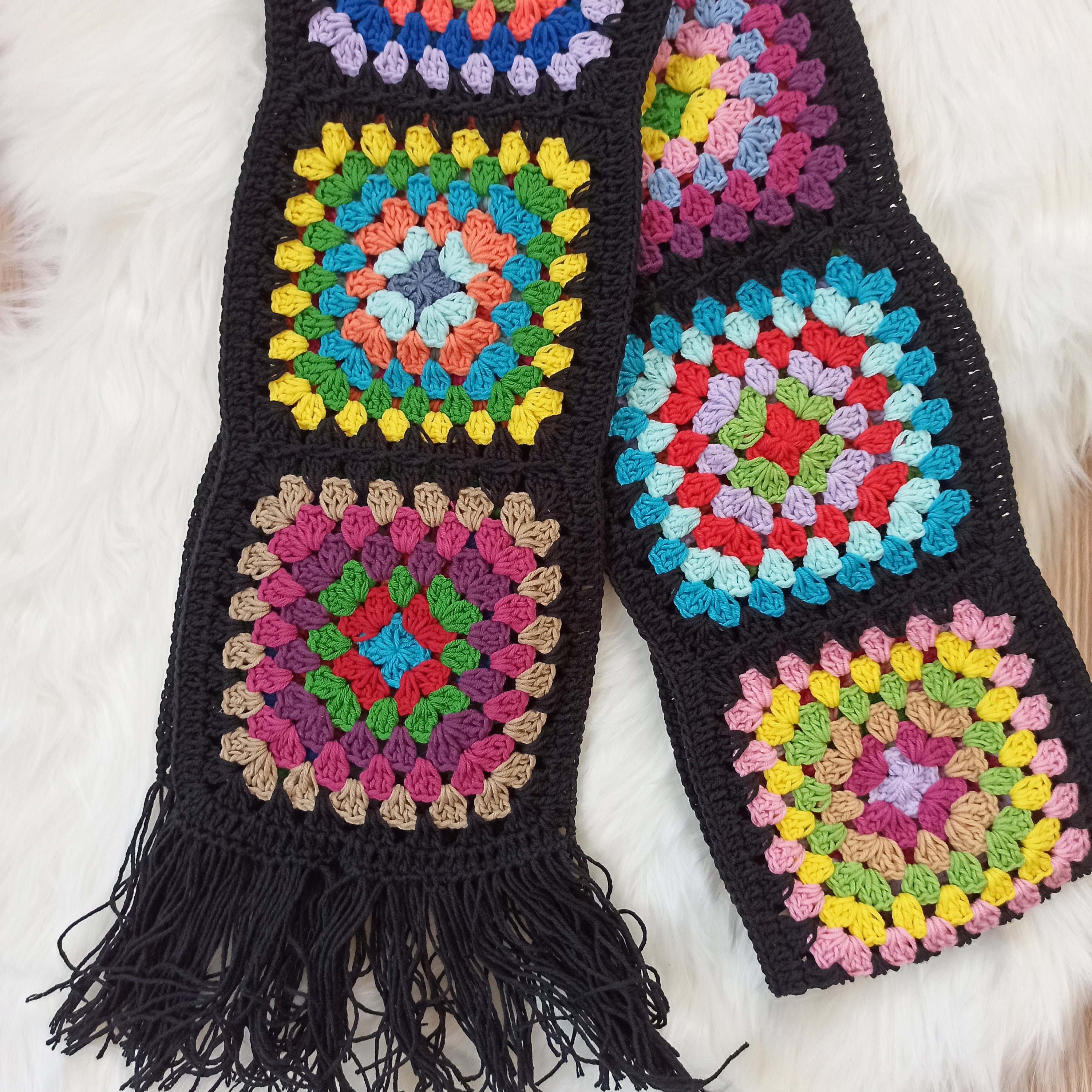 Granny Square Scarf, Knitted Scarf, Handmade Scarf, Warm Shawl, Women Accessories, Afghan Crochet, Hippie Style, Crochet Scarf, Boho Shawl