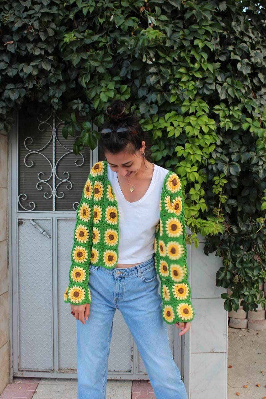 Granny Square Sunflower Cardigan, Patchwork Cardigan, Afghan Sweater, Crochet Afghan Jacket, Bohe... — photo 2 of 10