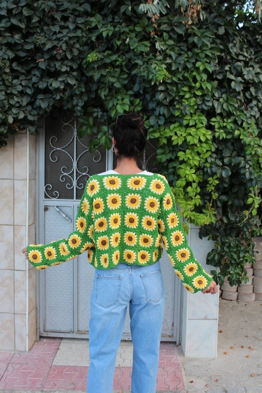 Granny Square Sunflower Cardigan, Patchwork Cardigan, Afghan Sweater, Crochet Afghan Jacket, Bohe... — photo 4 of 10