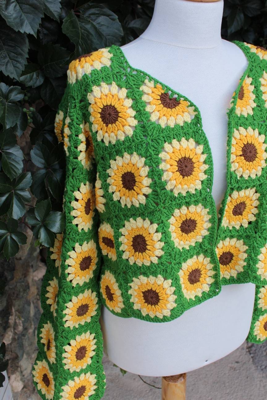 Granny Square Sunflower Cardigan, Patchwork Cardigan, Afghan Sweater, Crochet Afghan Jacket, Bohemian Jacket, Boho Cardigan, Hippie Coat