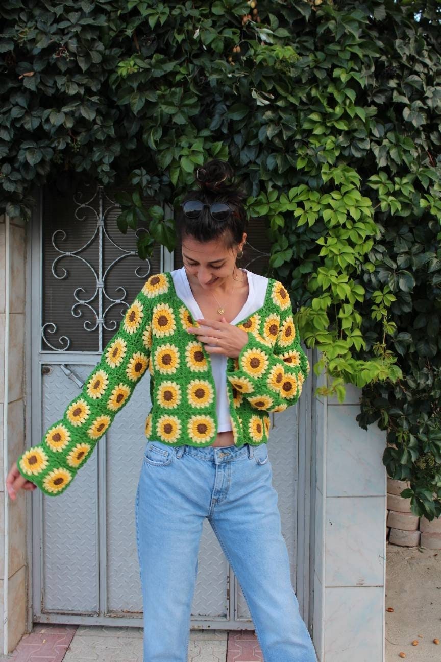 Granny Square Sunflower Cardigan, Patchwork Cardigan, Afghan Sweater, Crochet Afghan Jacket, Bohe... — photo 5 of 10
