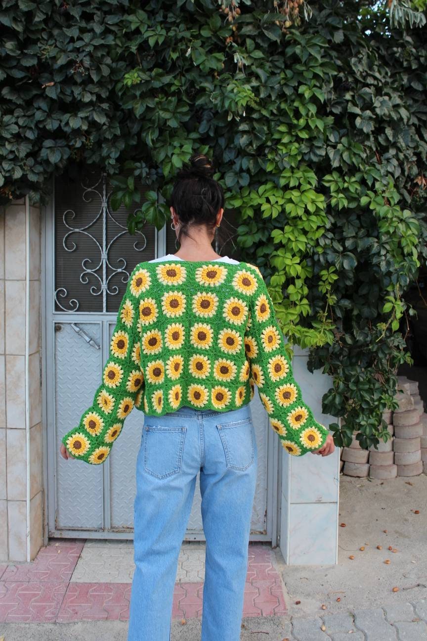 Granny Square Sunflower Cardigan, Patchwork Cardigan, Afghan Sweater, Crochet Afghan Jacket, Bohe... — photo 6 of 10
