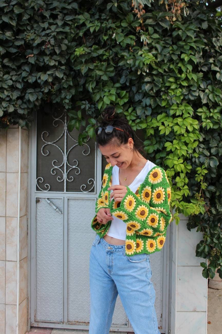 Granny Square Sunflower Cardigan, Patchwork Cardigan, Afghan Sweater, Crochet Afghan Jacket, Bohe... — photo 7 of 10
