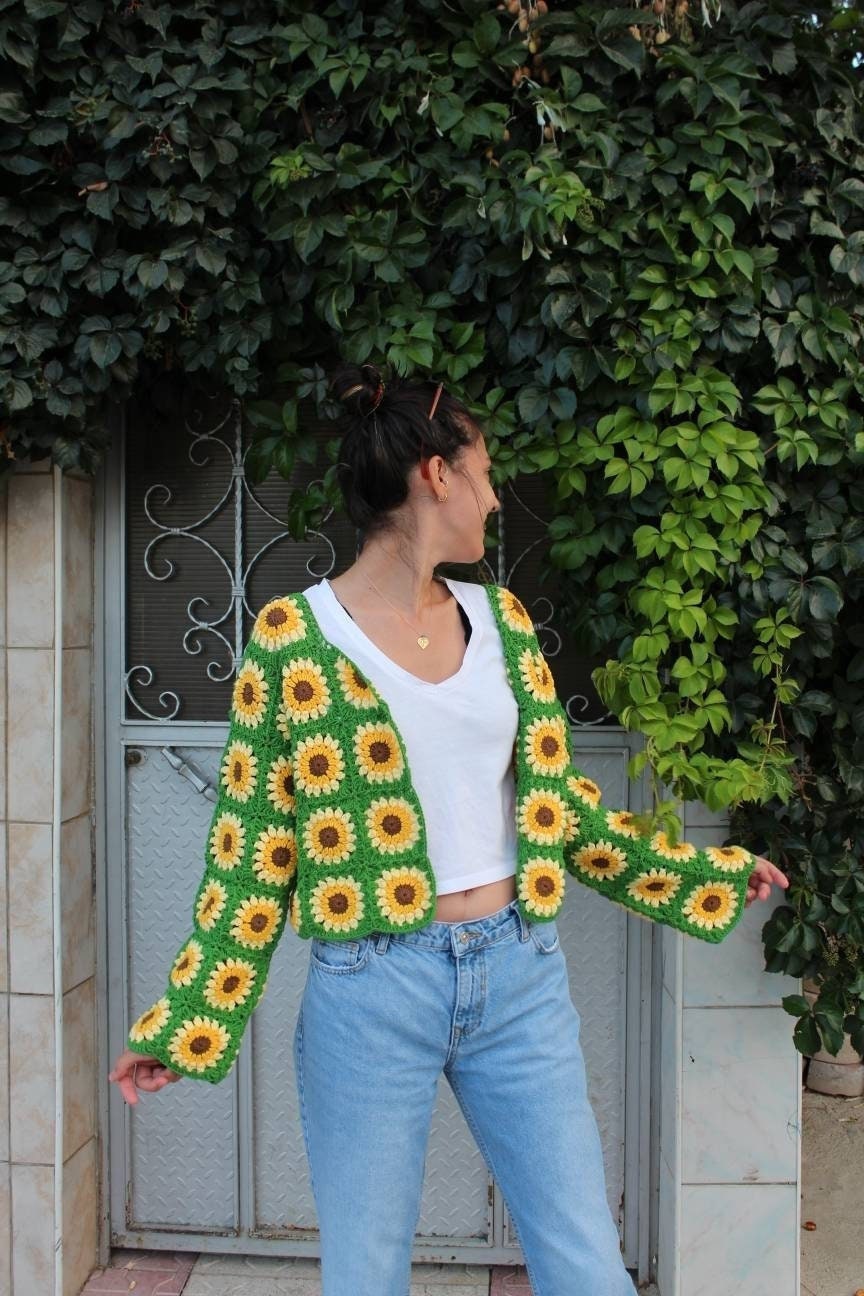 Granny Square Sunflower Cardigan, Patchwork Cardigan, Afghan Sweater, Crochet Afghan Jacket, Bohe... — photo 3 of 10