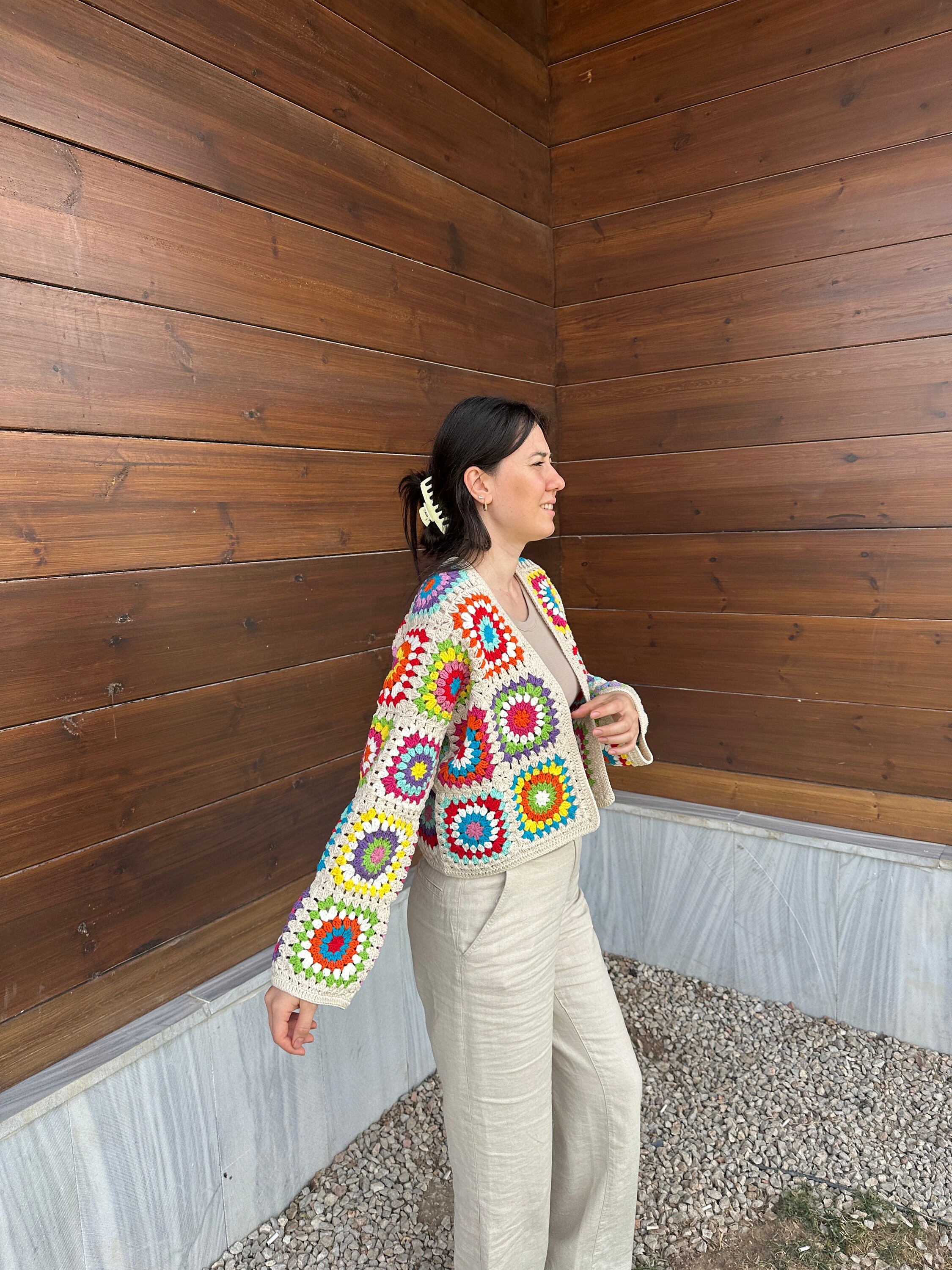 Granny Square Sweater, Afghan Cardigan, Crochet Cardigan, Patchwork Cotton Jacket, Multicolor Coa... — photo 4 of 10