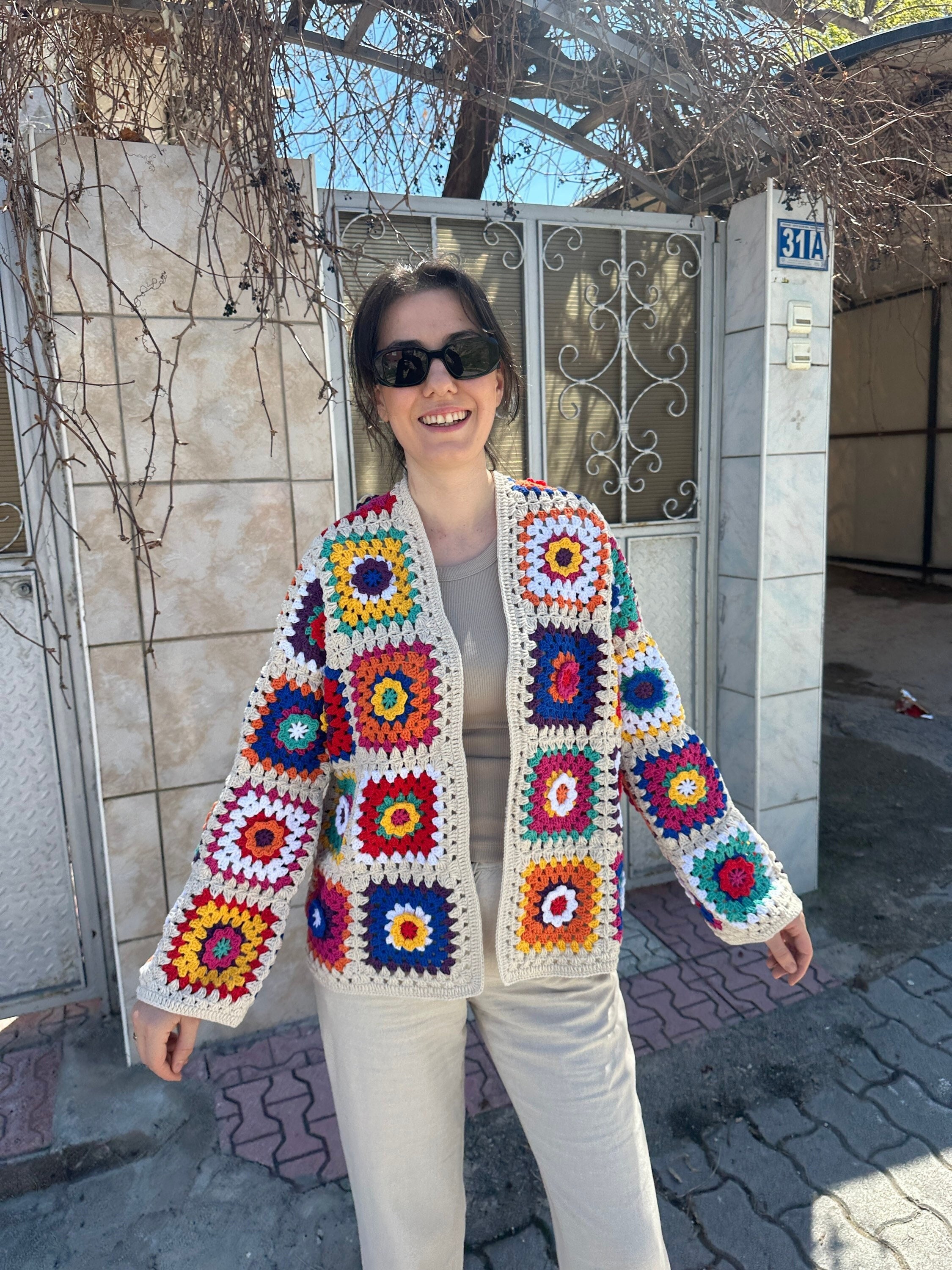 Granny Square Sweater, Afghan Floral Jacket, Patchwork Cardigan, Boho Cardigan, Granny Square Cardigan, Knit Cotton Sweater, Hippie Jacket