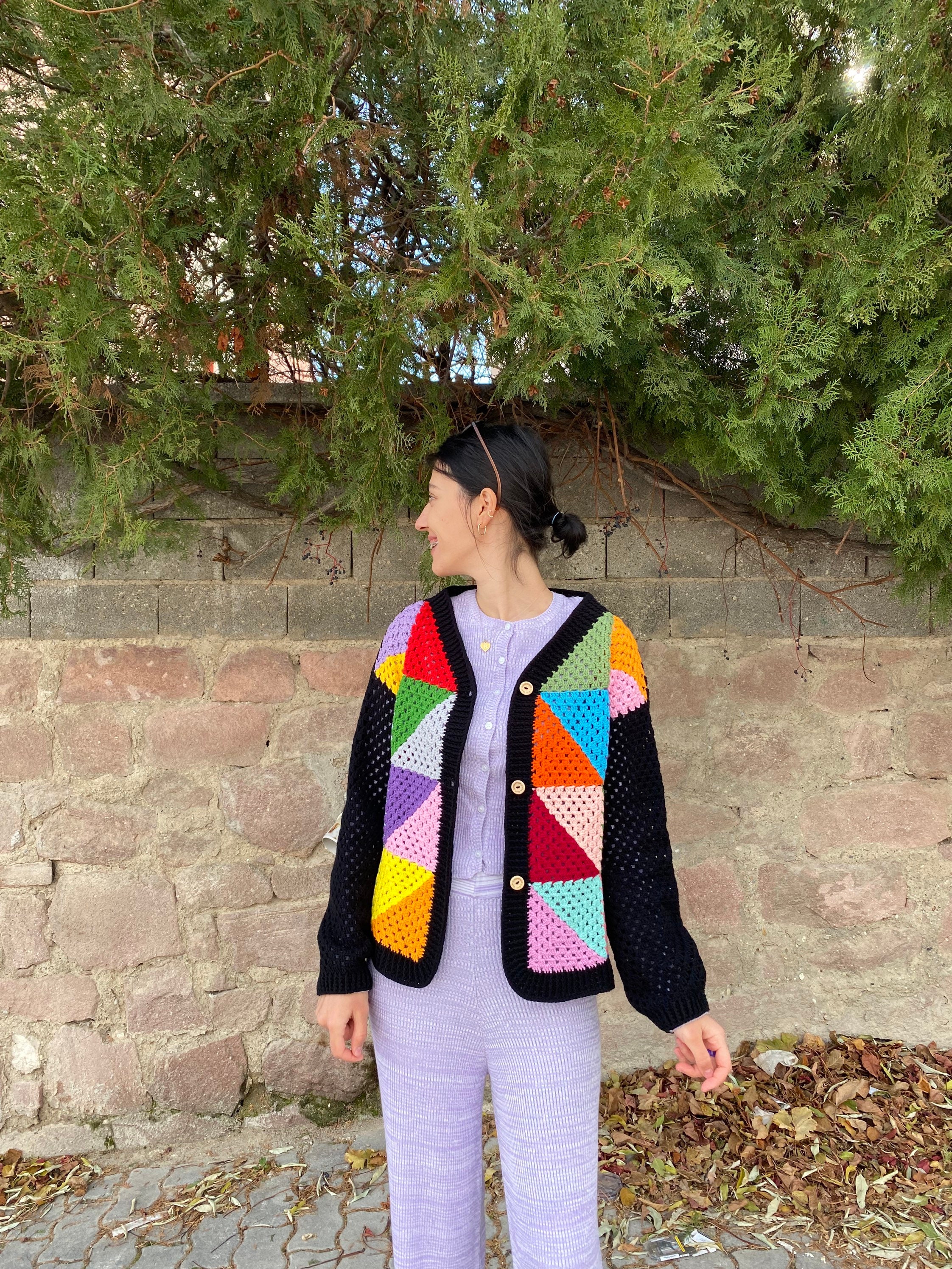 Granny Square Sweater, Crochet Afghan Vest, Granny Square Cardigan, Colorful Sweater, Granny Squa... — photo 7 of 10