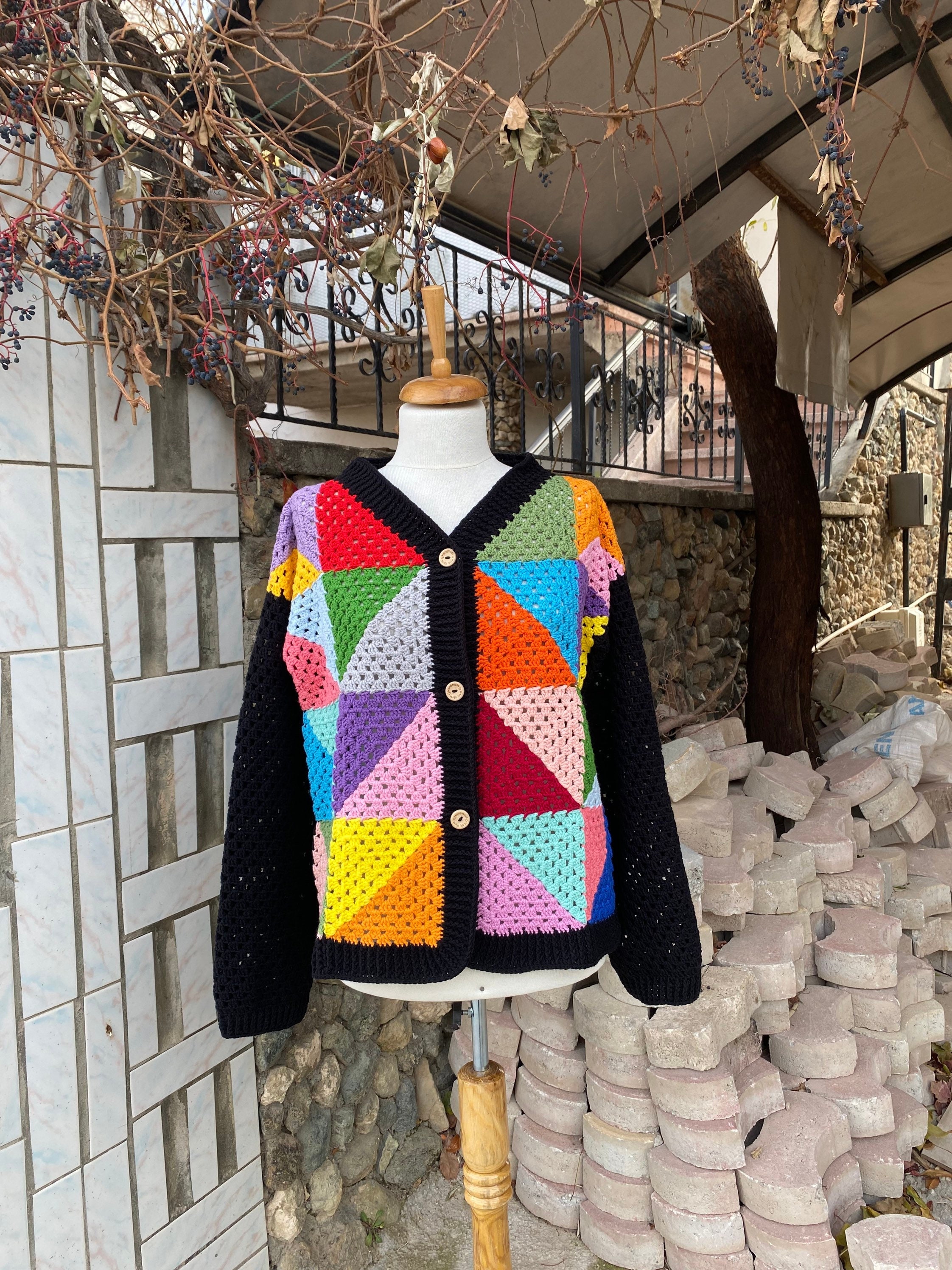 Granny Square Sweater, Crochet Afghan Vest, Granny Square Cardigan, Colorful Sweater, Granny Squa... — photo 5 of 10