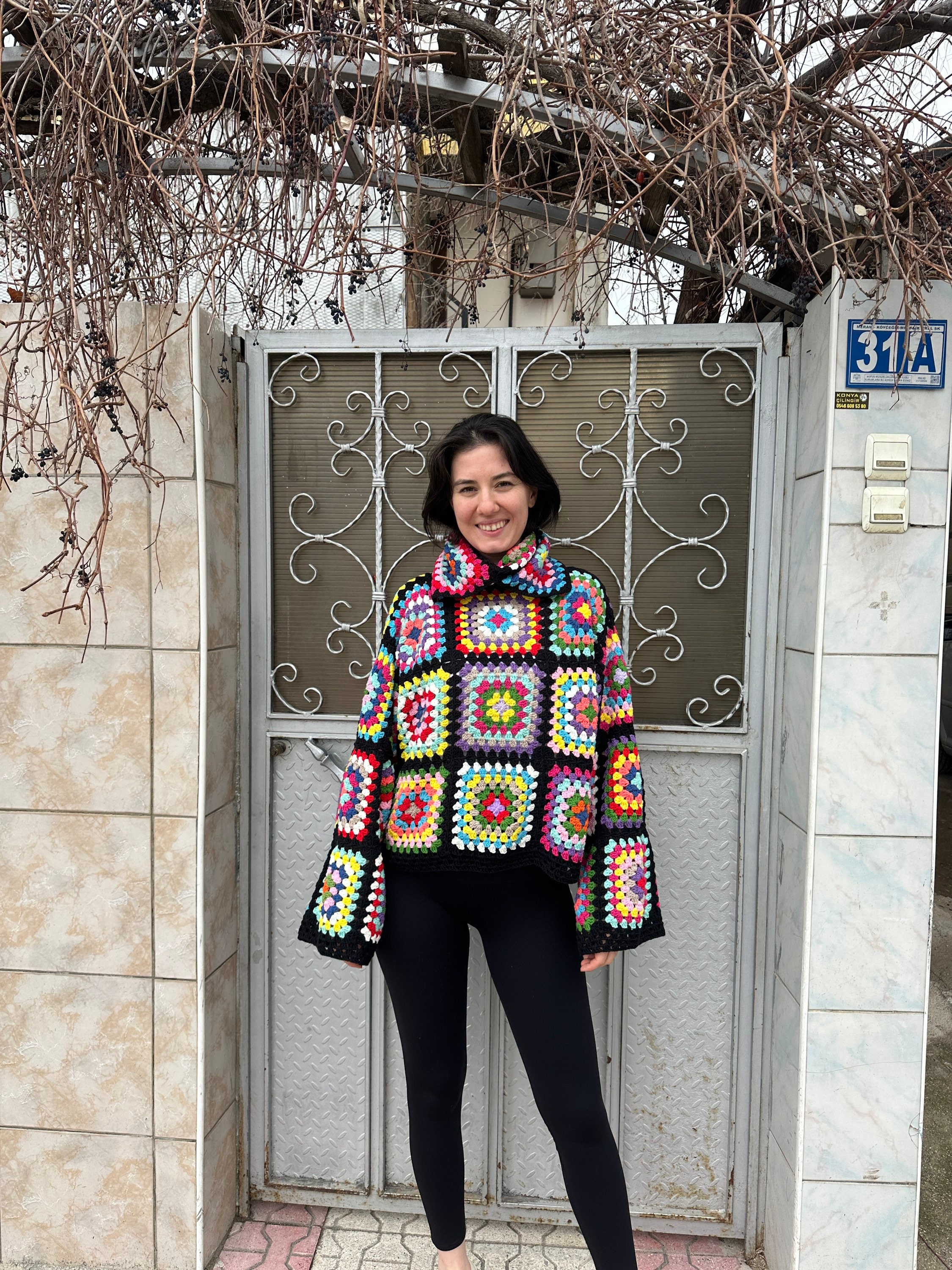 Granny Square Sweater, Oversize Cotton Sweater, Crochet Turtleneck Sweater, Cozy Rainbow Sweater,... — photo 5 of 10
