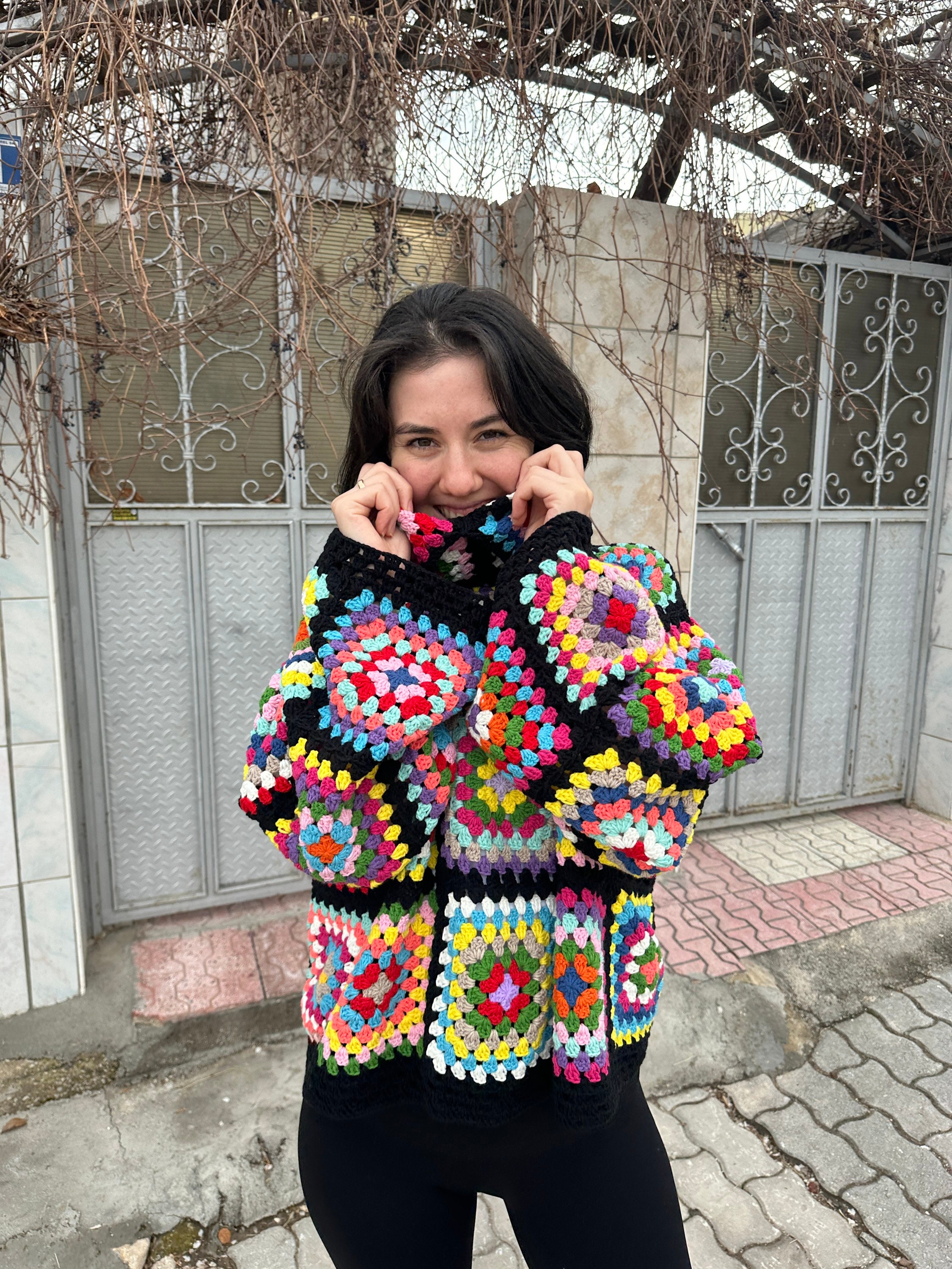 Granny Square Sweater, Oversize Cotton Sweater, Crochet Turtleneck Sweater, Cozy Rainbow Sweater, Unisex Knit Sweater, Patchwork Sweater