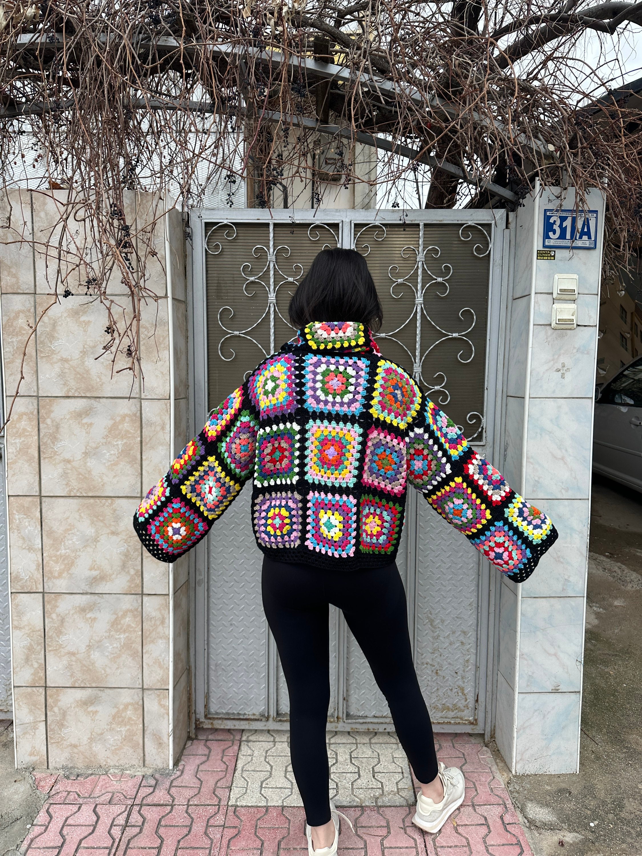 Granny Square Sweater, Oversize Cotton Sweater, Crochet Turtleneck Sweater, Cozy Rainbow Sweater,... — photo 4 of 10