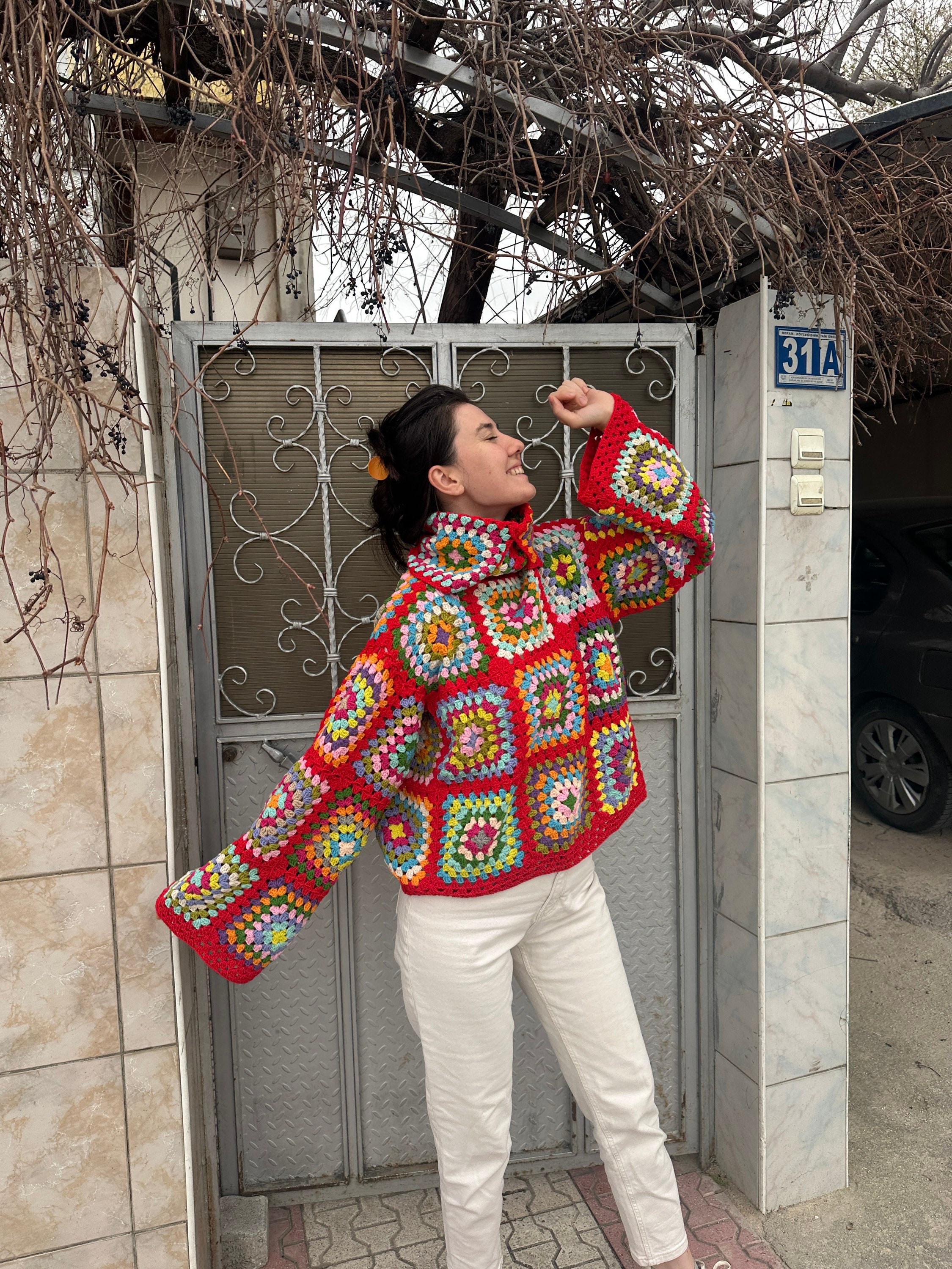 Granny Square Sweater, Oversize Red Sweater, Crochet Turtleneck Sweater, Cozy Colorful Sweater, H... — photo 2 of 10