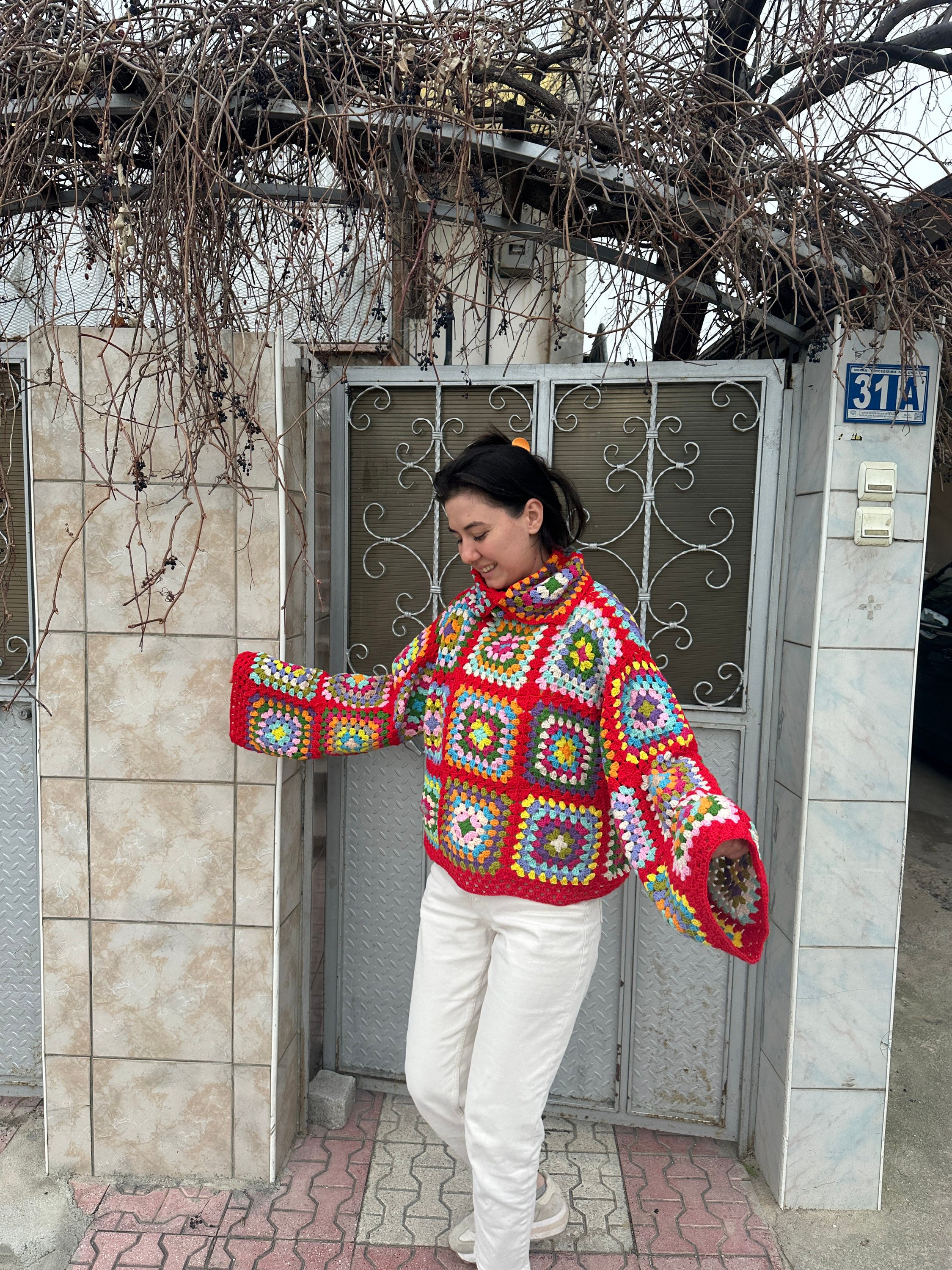 Granny Square Sweater, Oversize Red Sweater, Crochet Turtleneck Sweater, Cozy Colorful Sweater, H... — photo 3 of 10