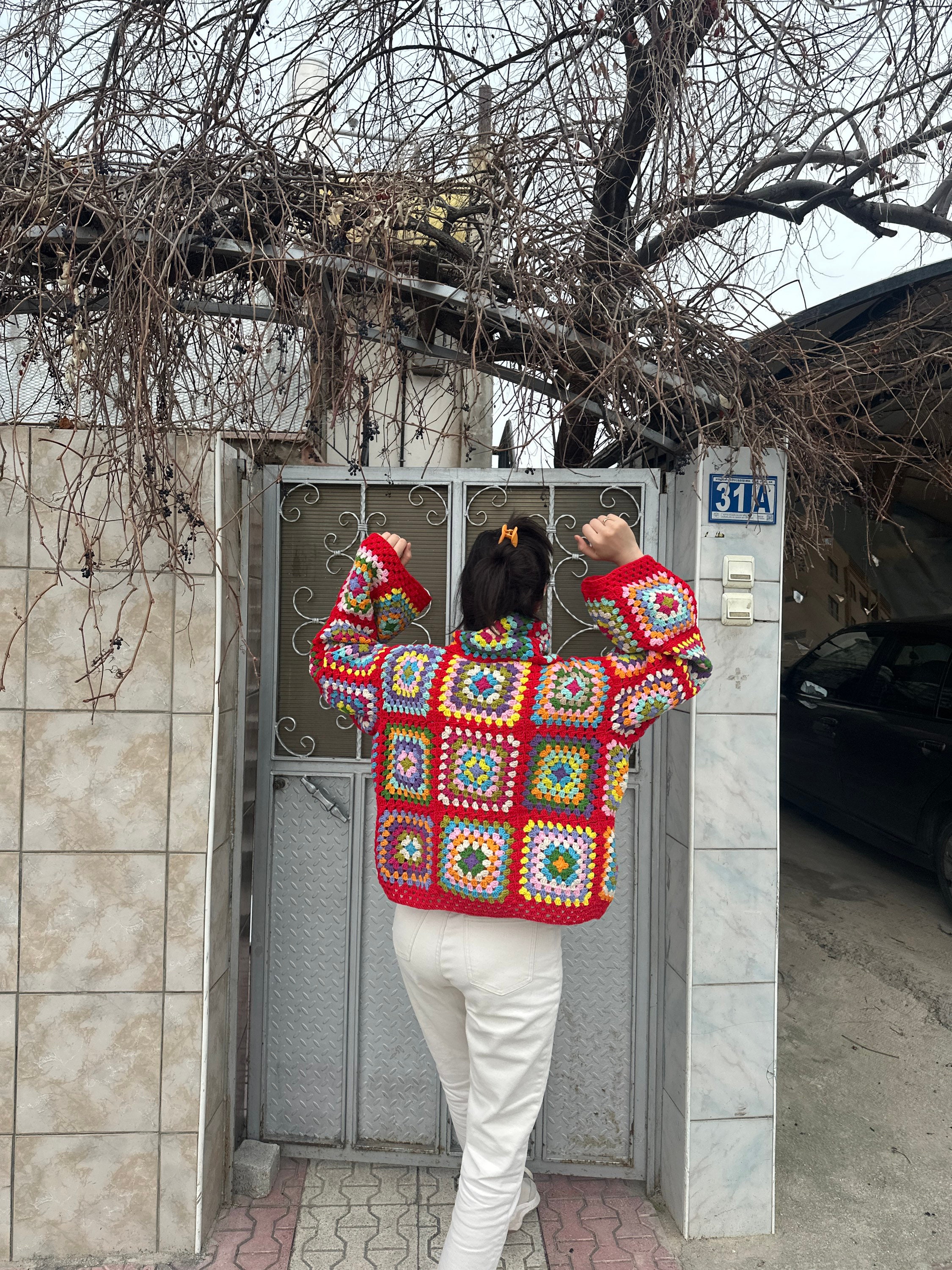 Granny Square Sweater, Oversize Red Sweater, Crochet Turtleneck Sweater, Cozy Colorful Sweater, H... — photo 6 of 10