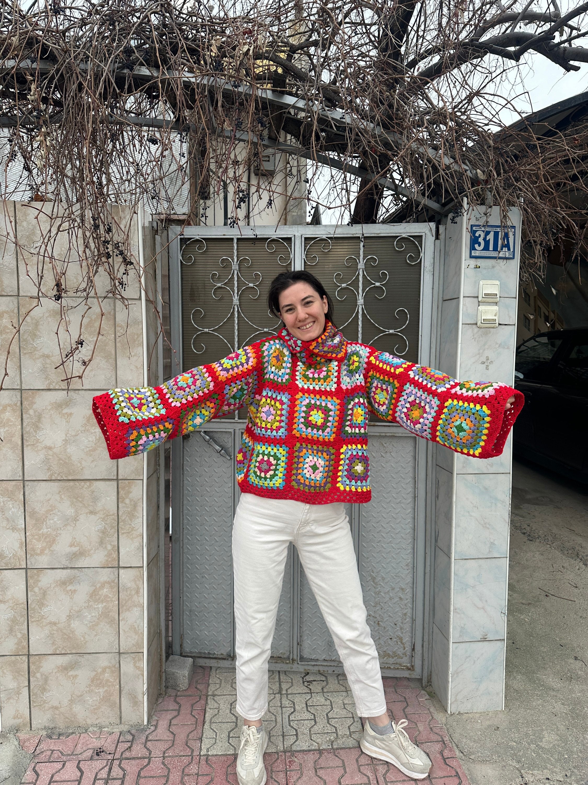 Granny Square Sweater, Oversize Red Sweater, Crochet Turtleneck Sweater, Cozy Colorful Sweater, H... — photo 7 of 10