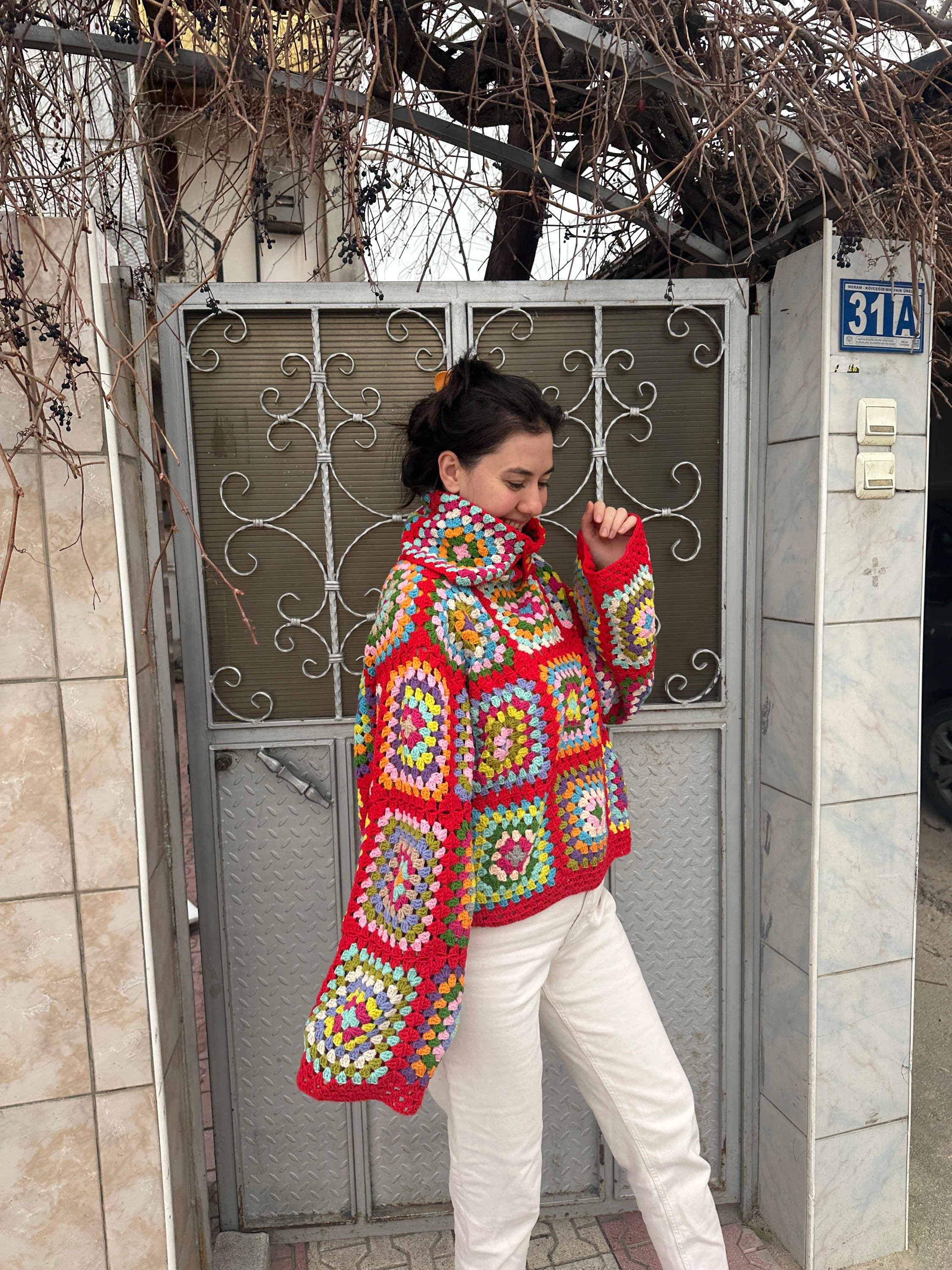 Granny Square Sweater, Oversize Red Sweater, Crochet Turtleneck Sweater, Cozy Colorful Sweater, Handknit Sweater, Patchwork Sweater, Gift