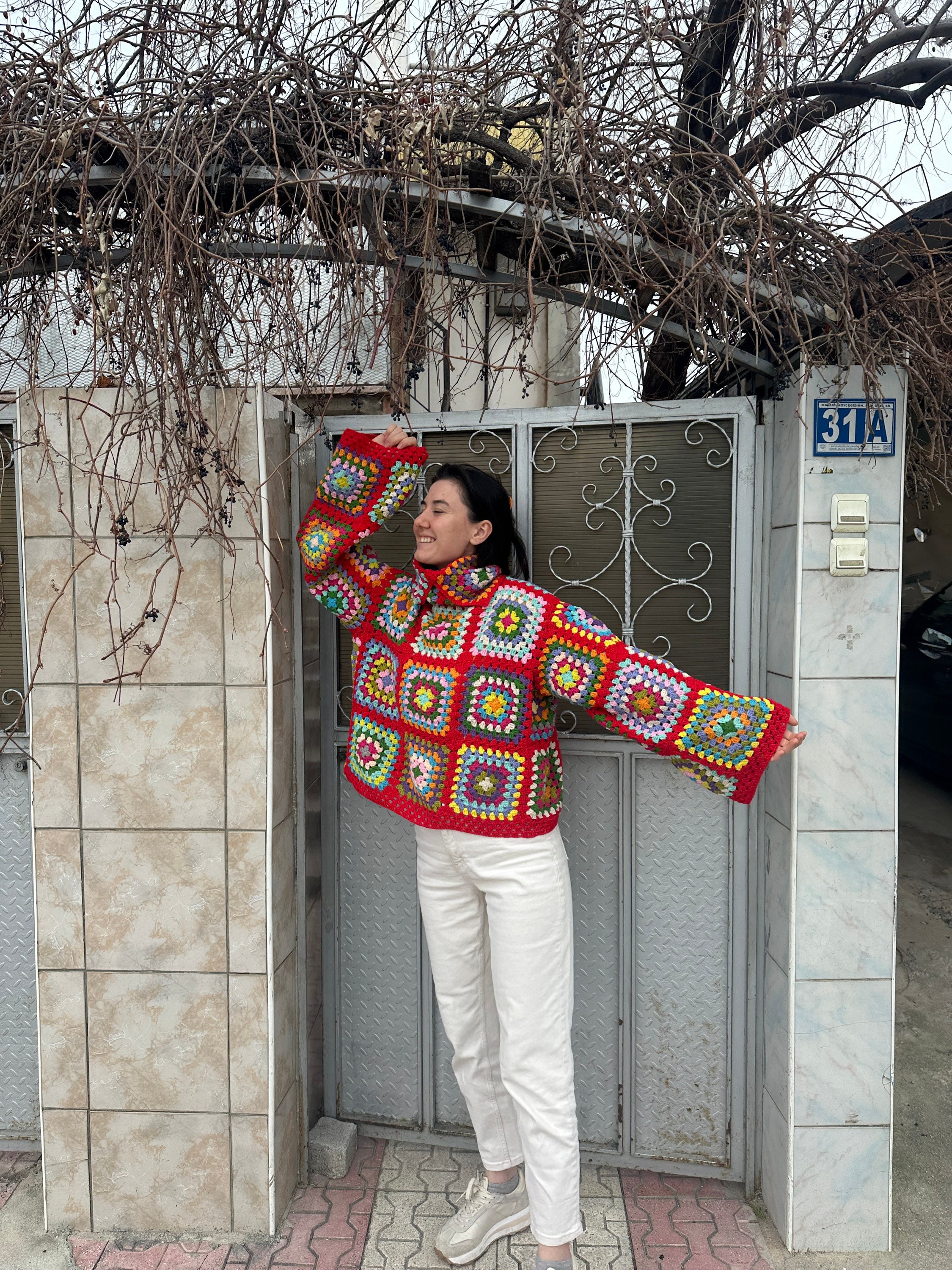 Granny Square Sweater, Oversize Red Sweater, Crochet Turtleneck Sweater, Cozy Colorful Sweater, H... — photo 4 of 10