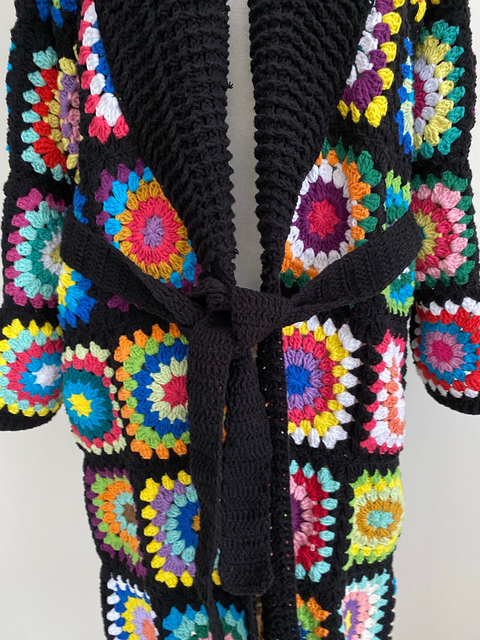 Granny Square V-neck Belted Tasseled Cardigan, Crochet Coat, Patchwork Cardigan, Hippie Sweater, Long Cardigan, Granny Square Sweater
