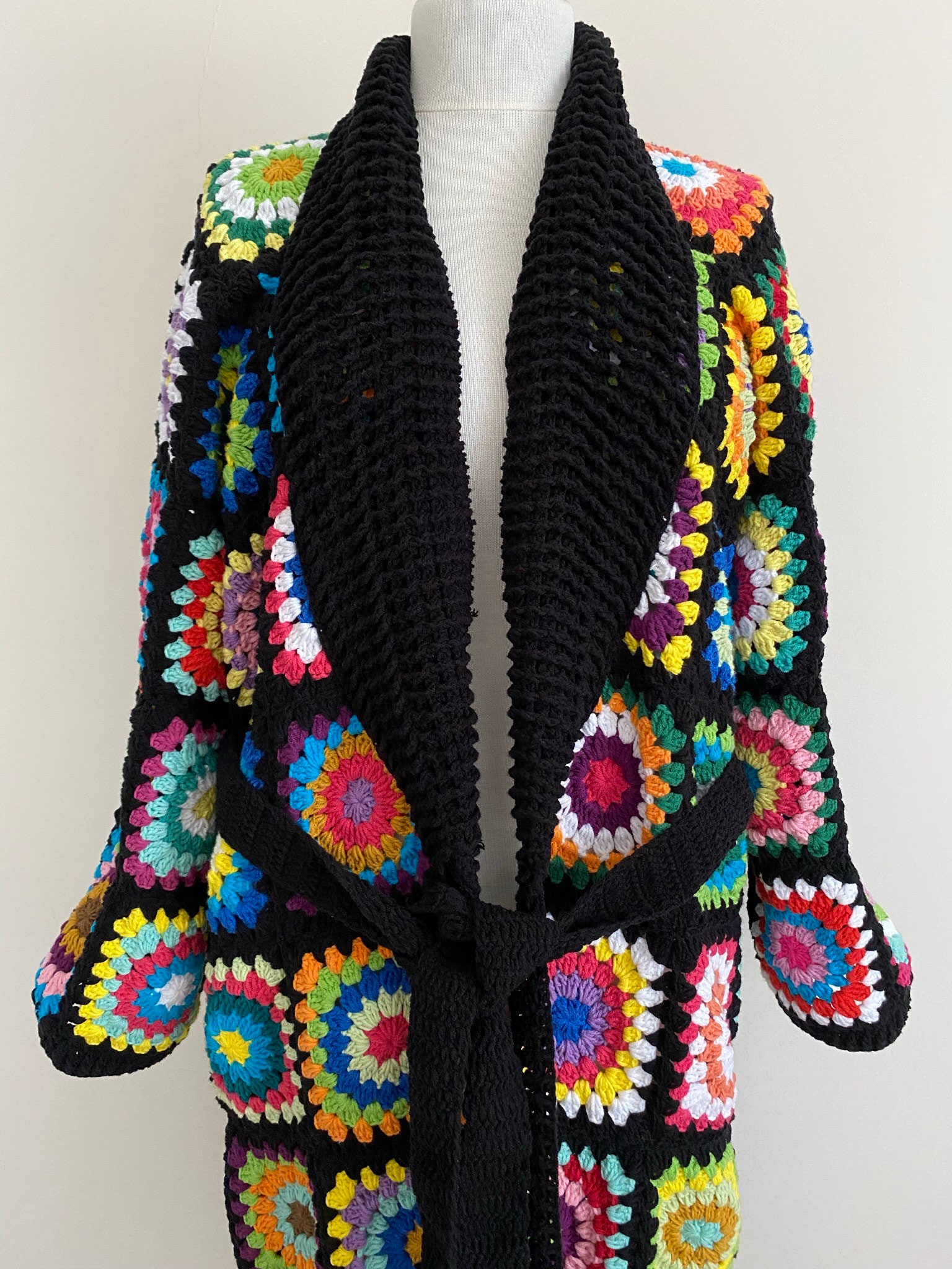 Granny Square V-neck Belted Tasseled Cardigan, Crochet Coat, Patchwork Cardigan, Hippie Sweater, ... — photo 2 of 10