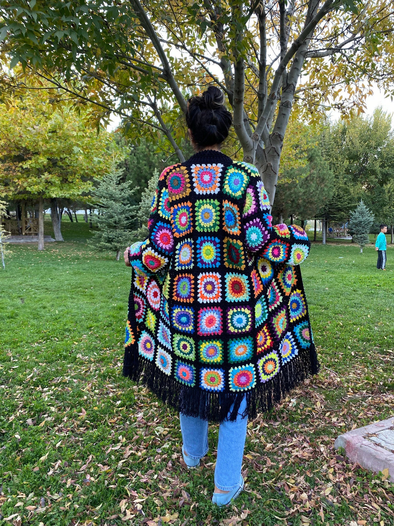 Granny Square V-neck Belted Tasseled Cardigan, Crochet Coat, Patchwork Cardigan, Hippie Sweater, ... — photo 7 of 10