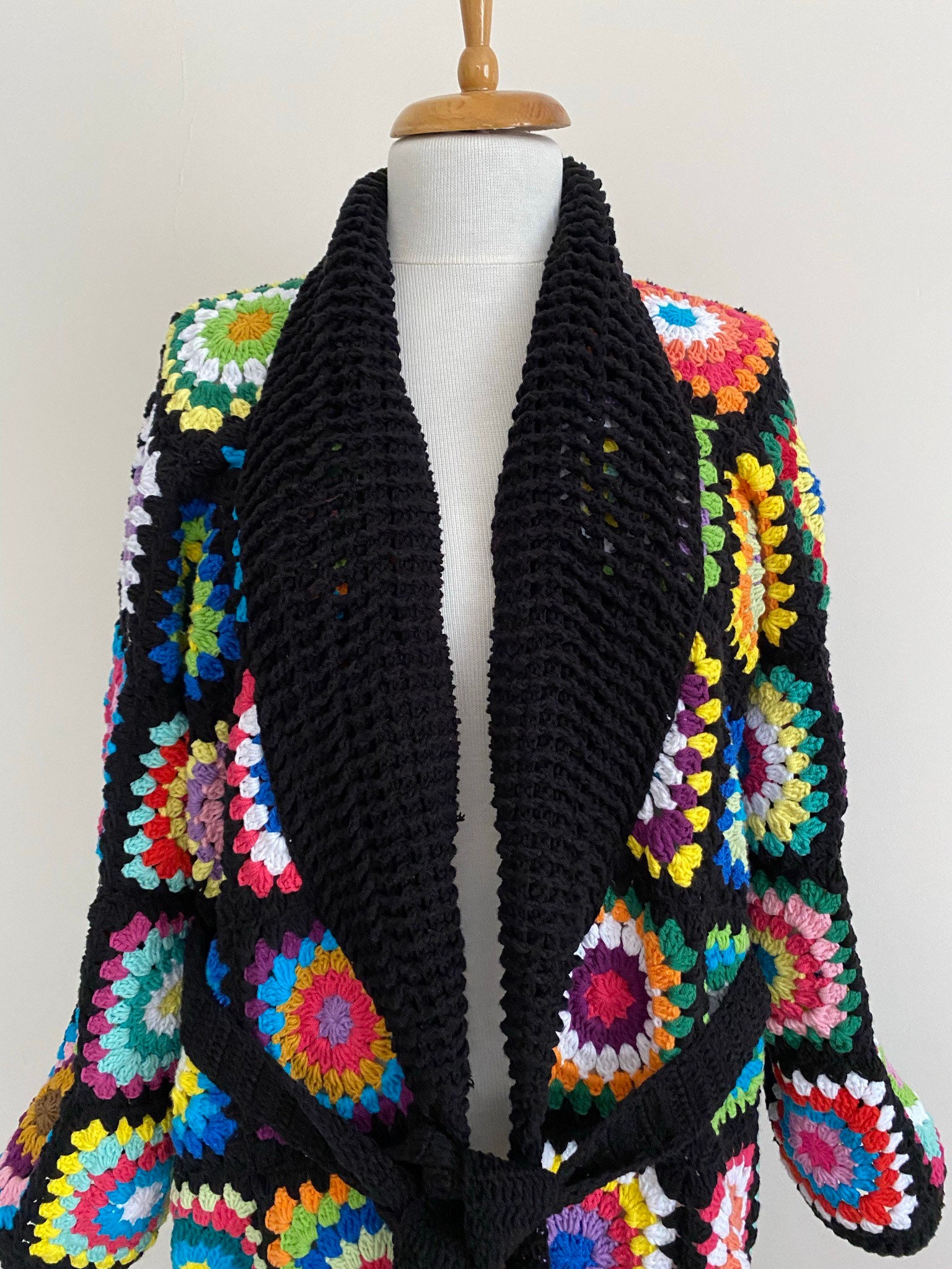 Granny Square V-neck Belted Tasseled Cardigan, Crochet Coat, Patchwork Cardigan, Hippie Sweater, ... — photo 3 of 10