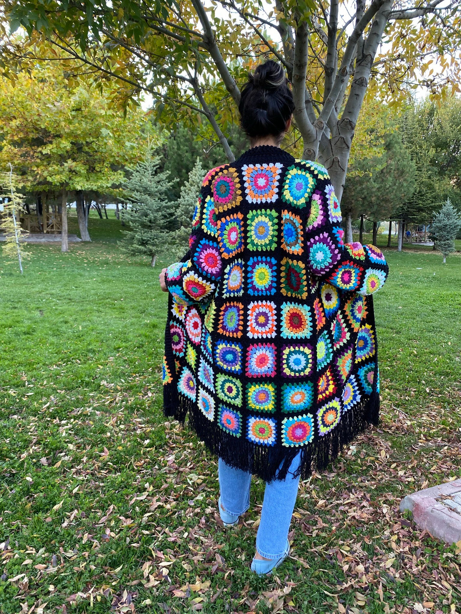 Granny Square V-neck Belted Tasseled Cardigan, Crochet Coat, Patchwork Cardigan, Hippie Sweater, ... — photo 5 of 10